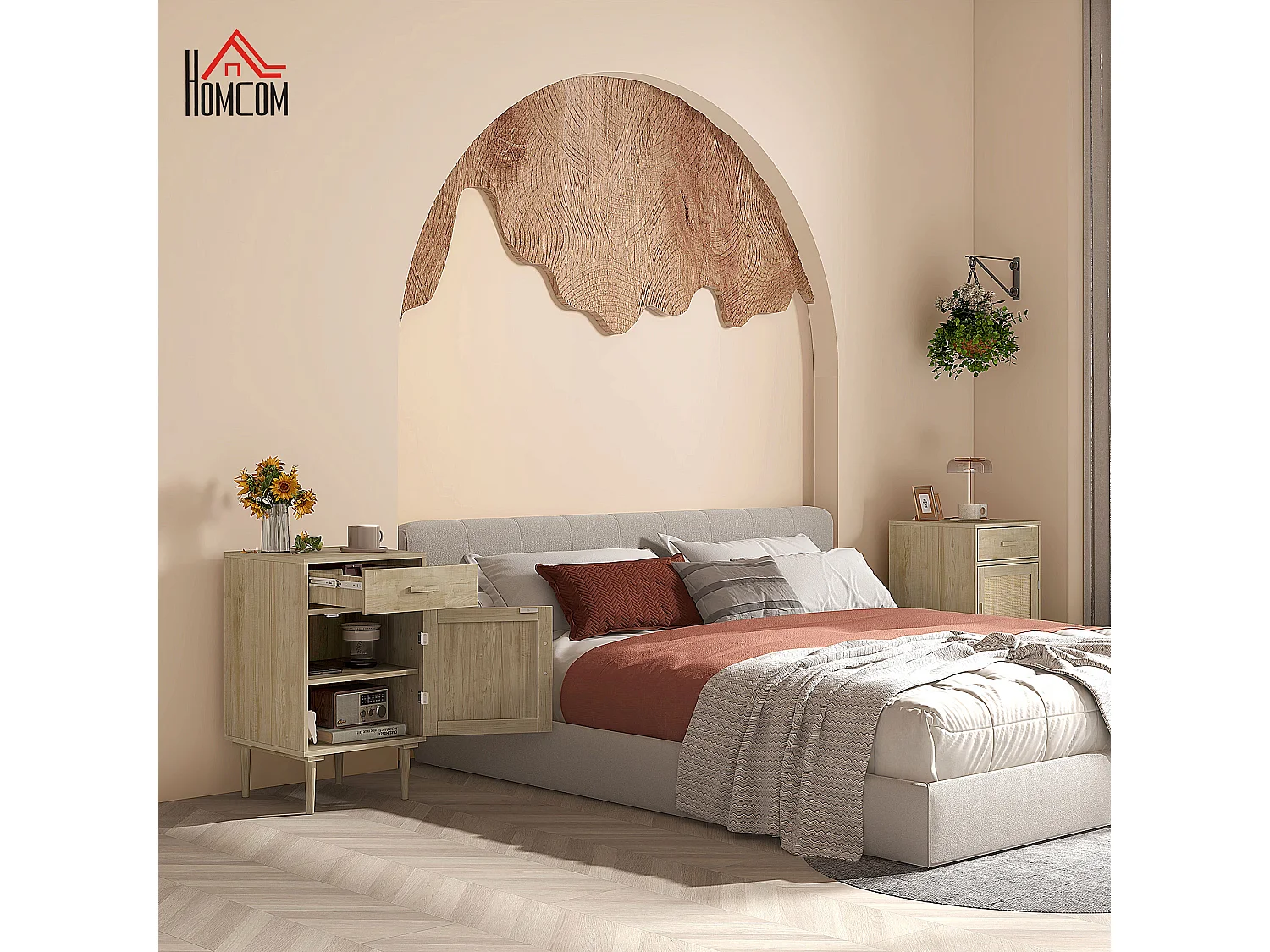 Chevet table de nuit style naturel - porte, étagère, tiroir - cannage rotin aspect bois clair