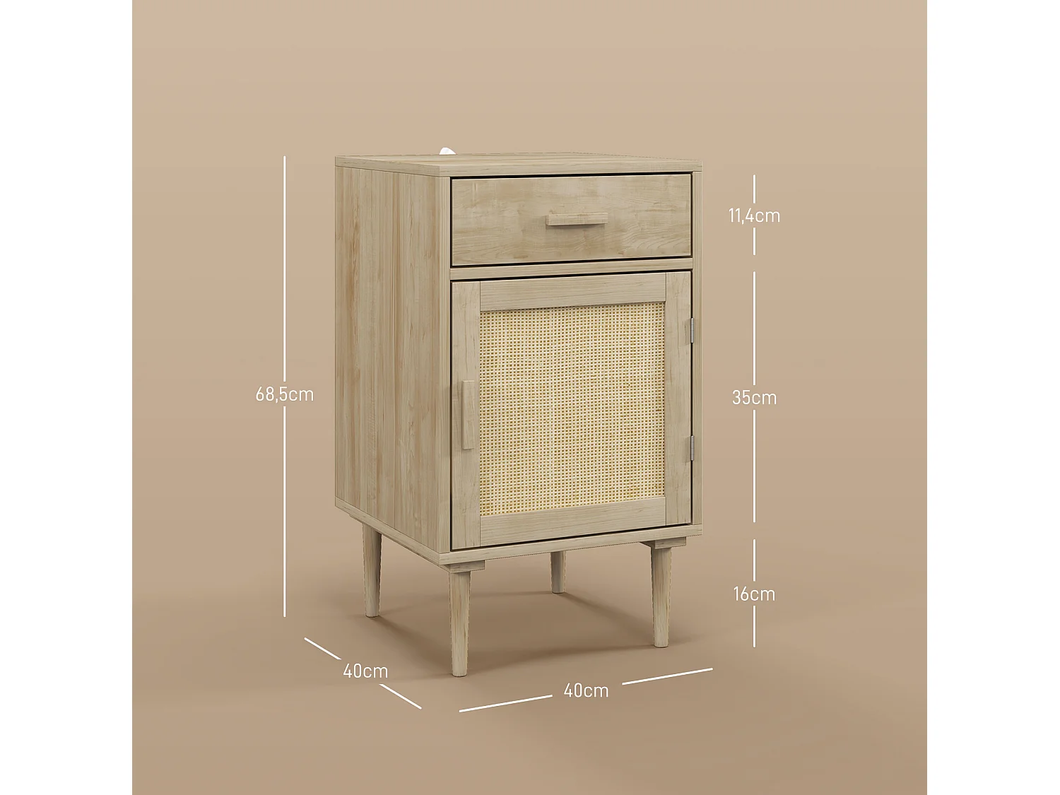 Chevet table de nuit style naturel - porte, étagère, tiroir - cannage rotin aspect bois clair