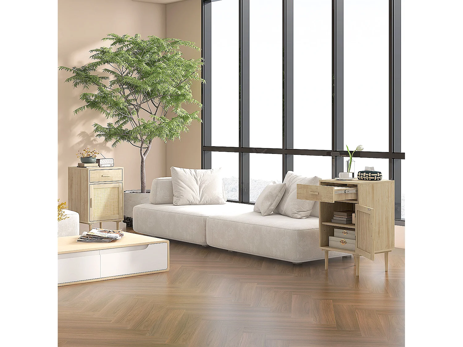 Chevet table de nuit style naturel - porte, étagère, tiroir - cannage rotin aspect bois clair