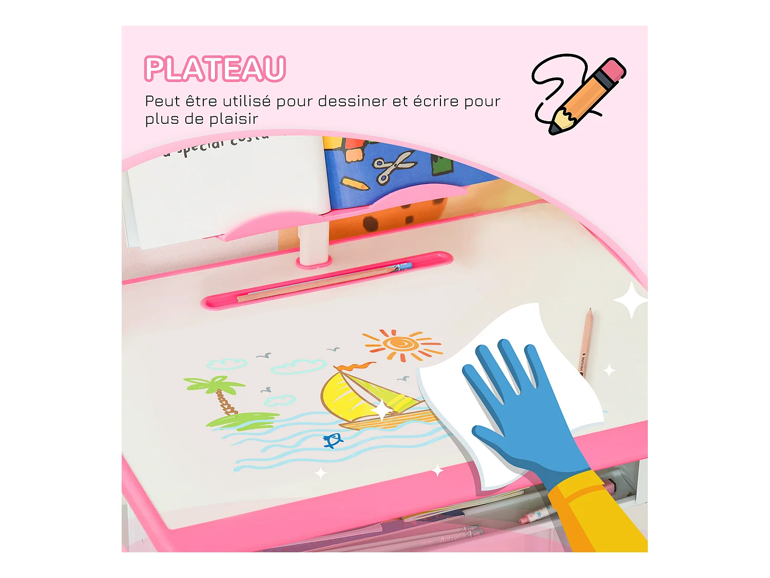 Bureau enfant avec chaise - ensemble bureau et chaise réglable - support de lecture, case - rose blanc