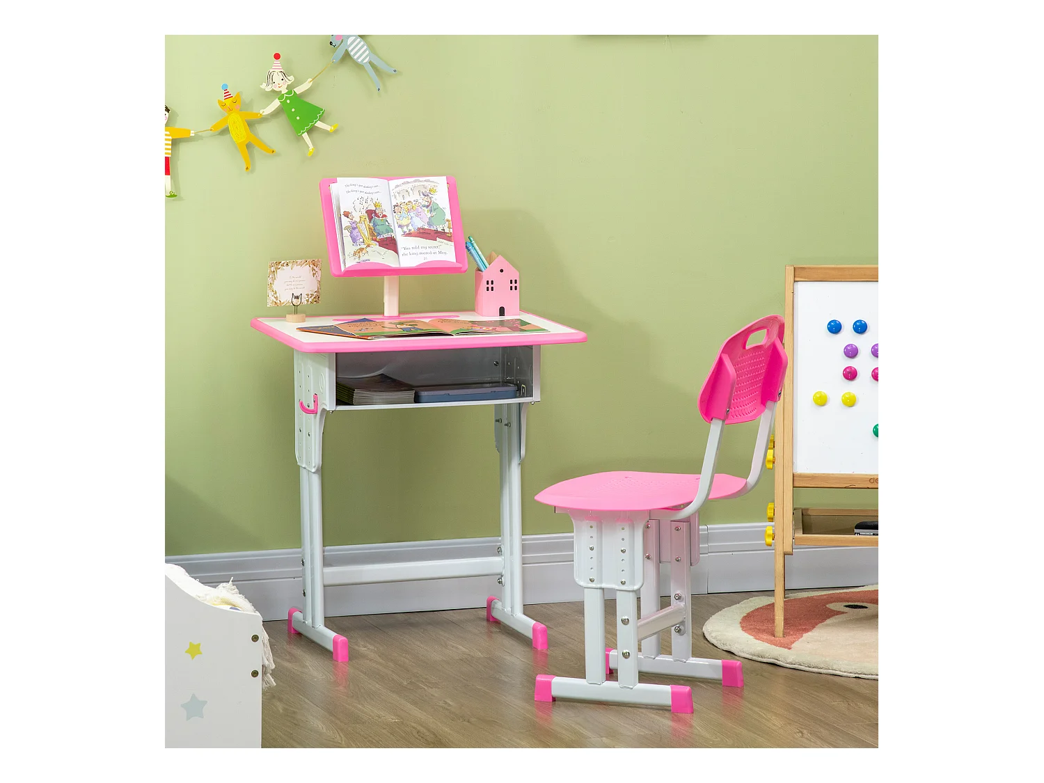 Bureau enfant avec chaise - ensemble bureau et chaise réglable - support de lecture, case - rose blanc