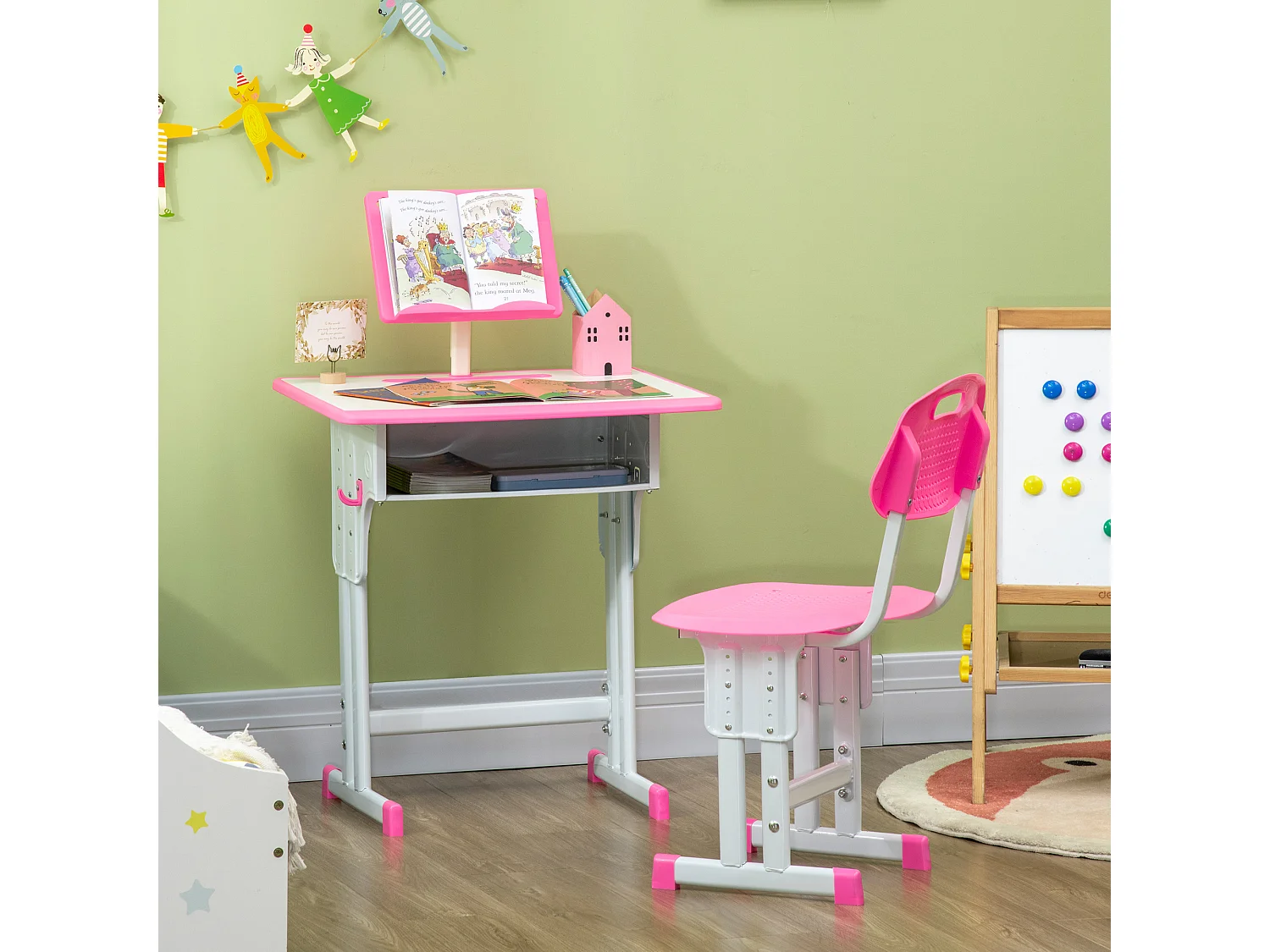 Bureau enfant avec chaise - ensemble bureau et chaise réglable - support de lecture, case - rose blanc