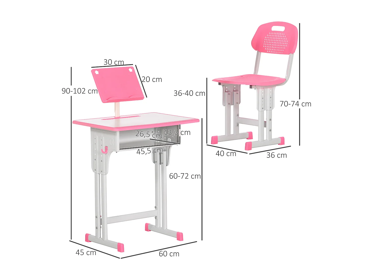 Bureau enfant avec chaise - ensemble bureau et chaise réglable - support de lecture, case - rose blanc
