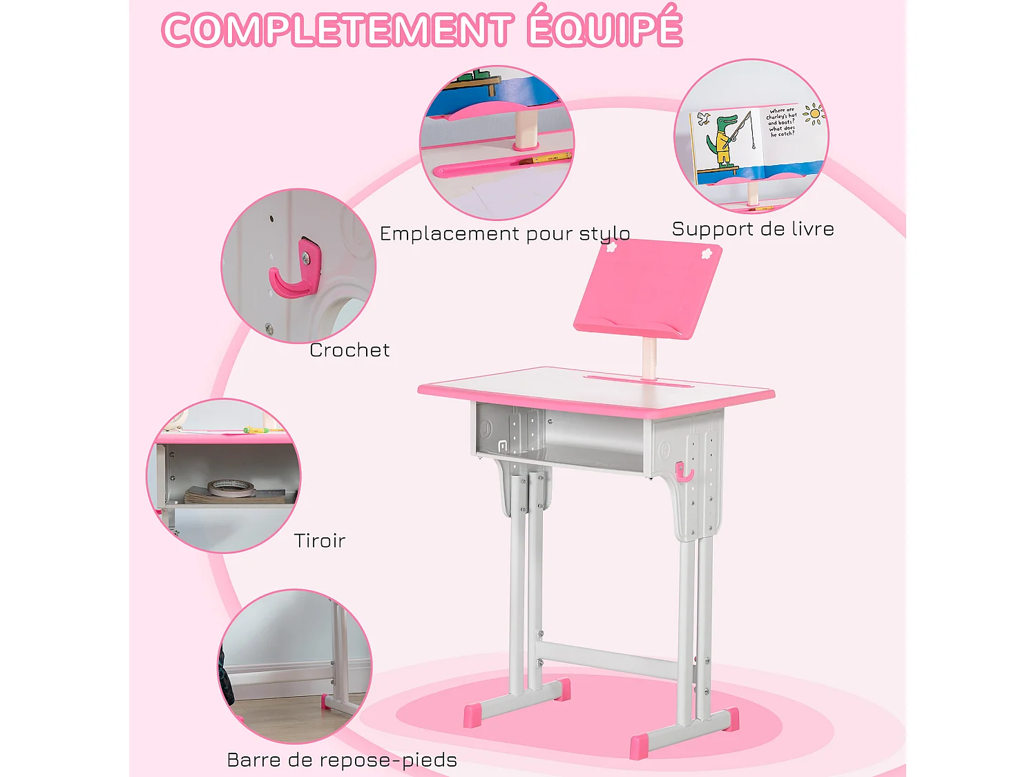 Bureau enfant avec chaise - ensemble bureau et chaise réglable - support de lecture, case - rose blanc