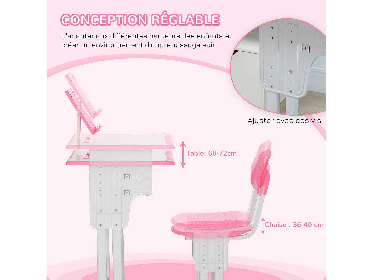 Bureau enfant avec chaise - ensemble bureau et chaise réglable - support de lecture, case - rose blanc