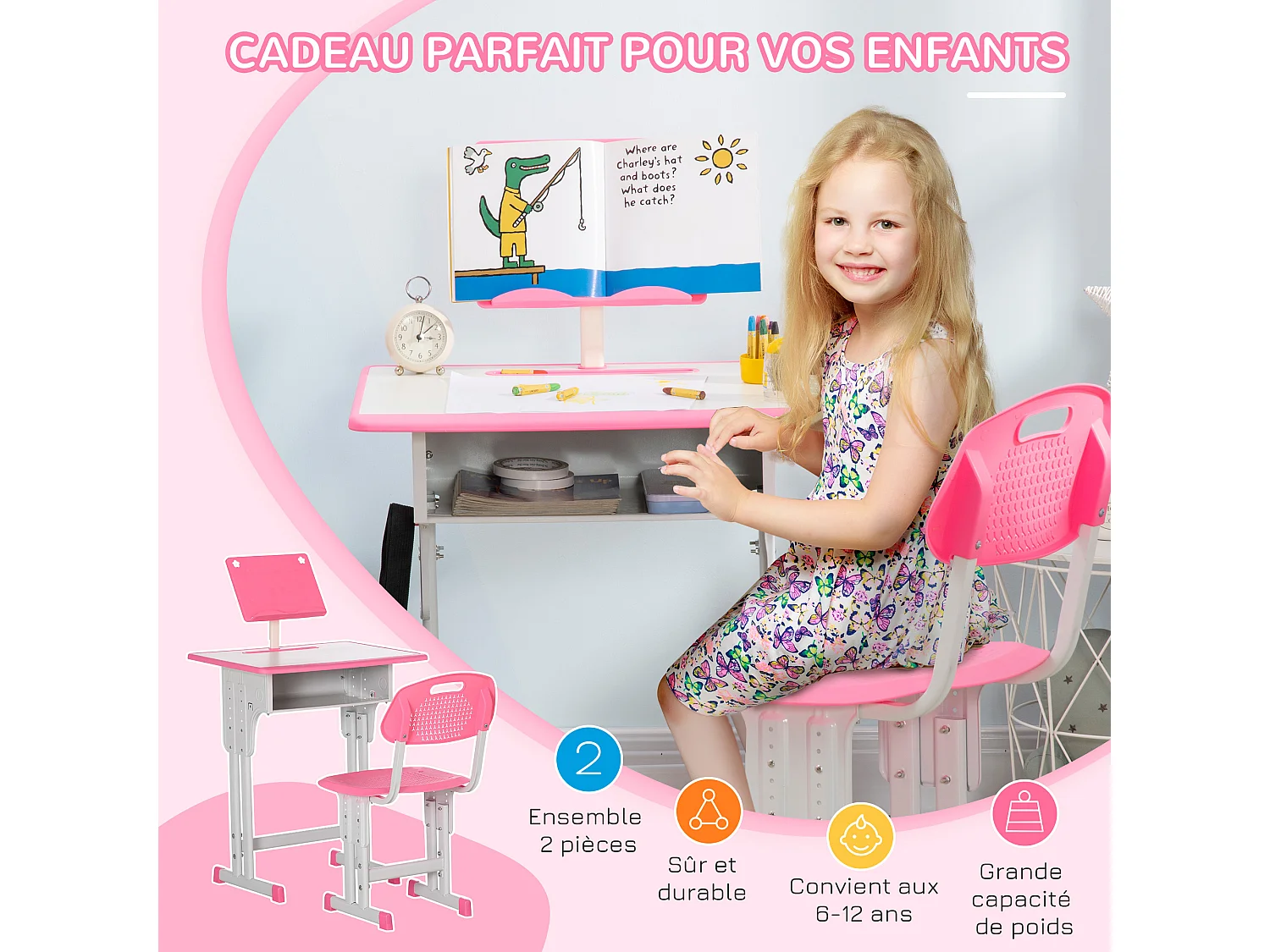 Bureau enfant avec chaise - ensemble bureau et chaise réglable - support de lecture, case - rose blanc