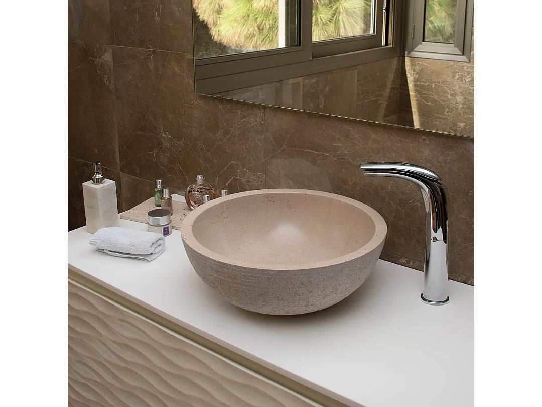 Lavatório de mármore bege redondo feito à mão para banheiro moderno