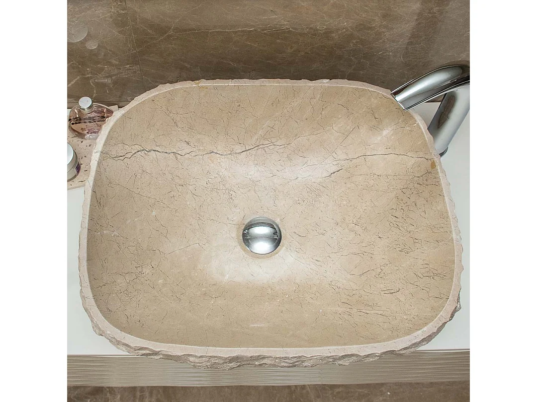 Pia retangular de pedra de mármore esculpida à mão em tom bege para banheiro moderno