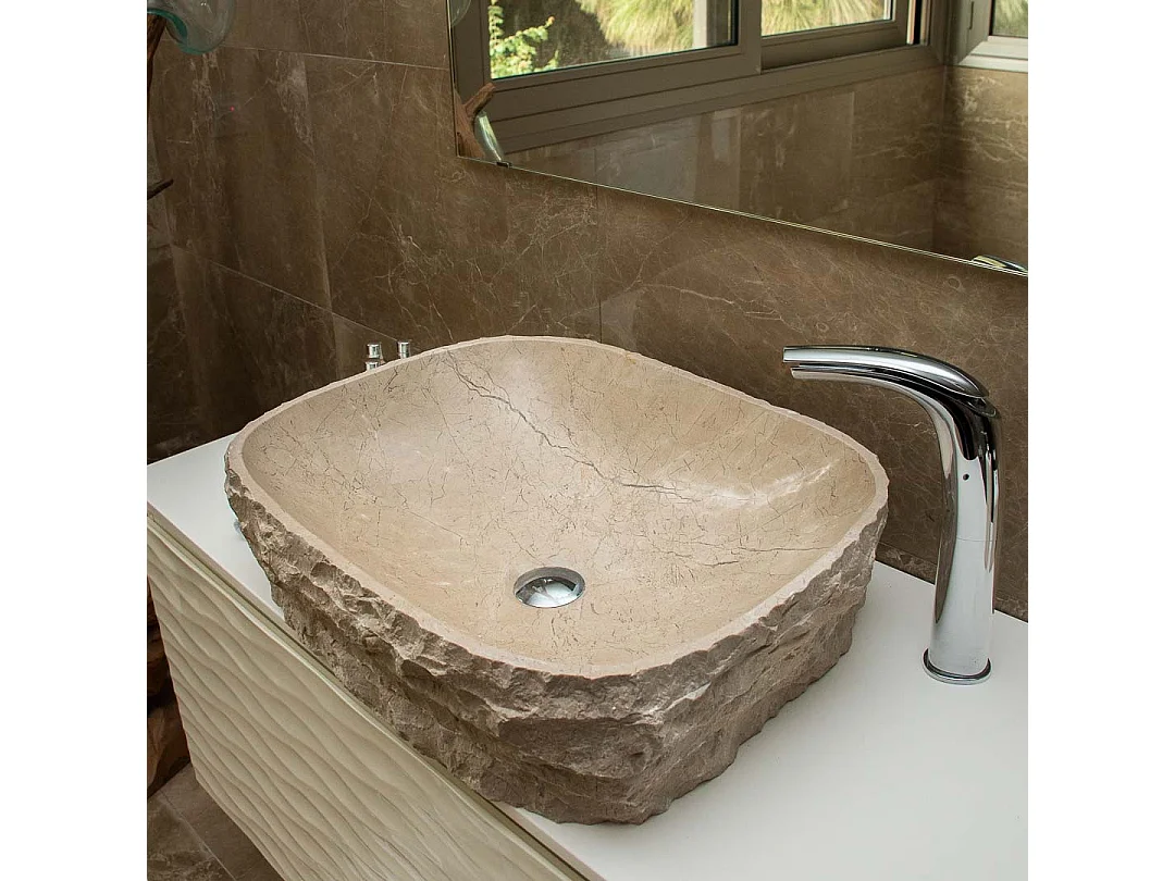 Pia retangular de pedra de mármore esculpida à mão em tom bege para banheiro moderno
