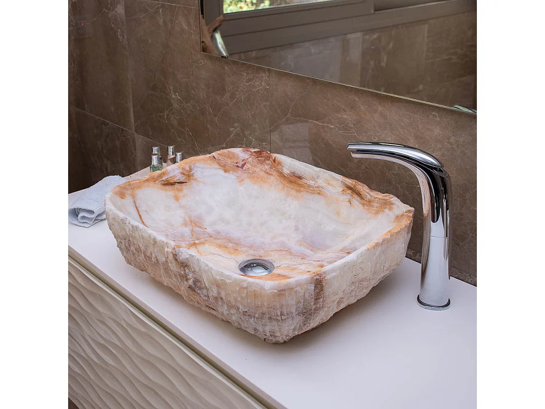 Lavabo rústico rectangular de mármol ónix blanco