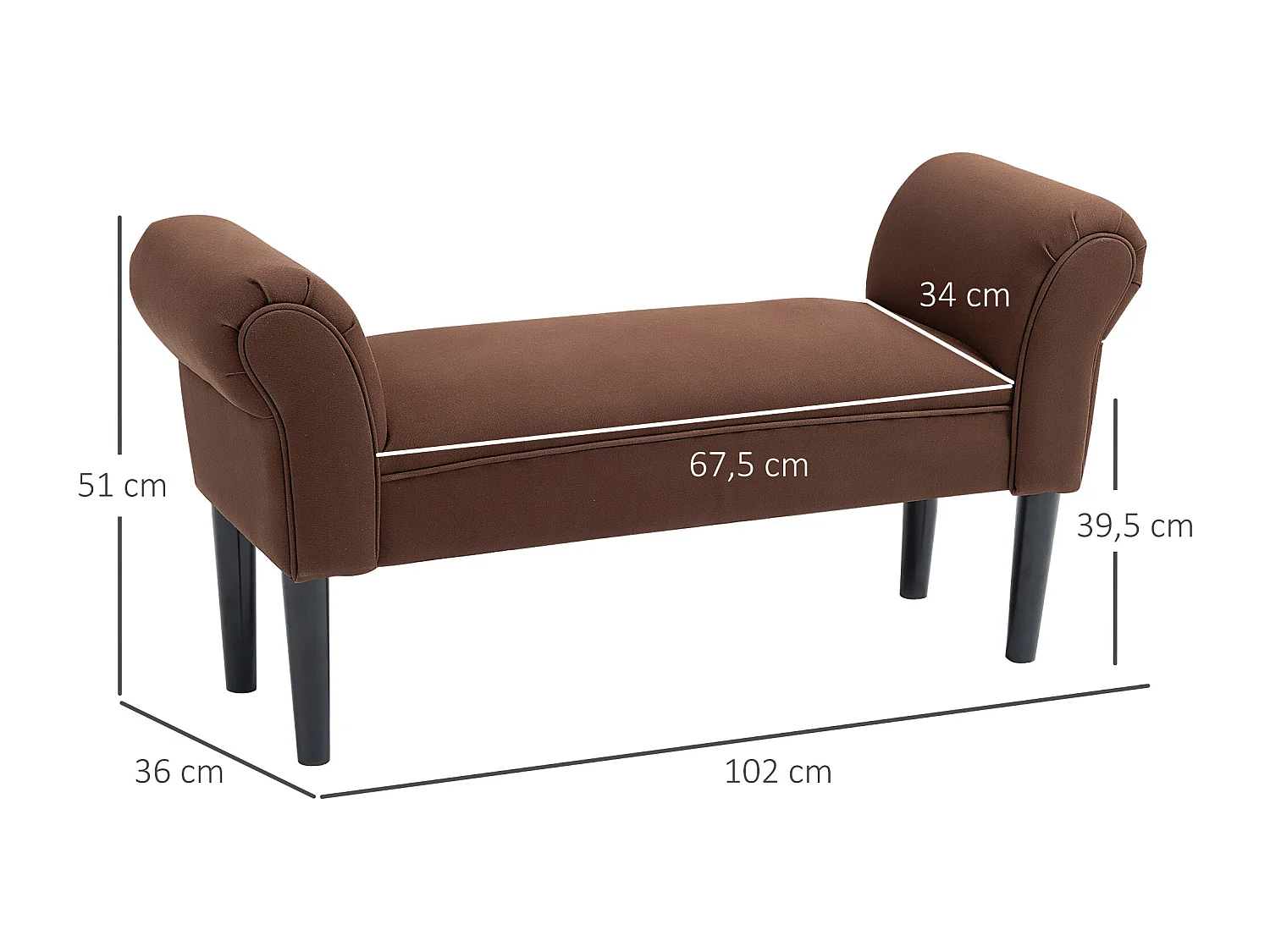 Banc banquette design contemporain accoudoirs courbés grand confort 102L x 31l x 51H cm chocolat