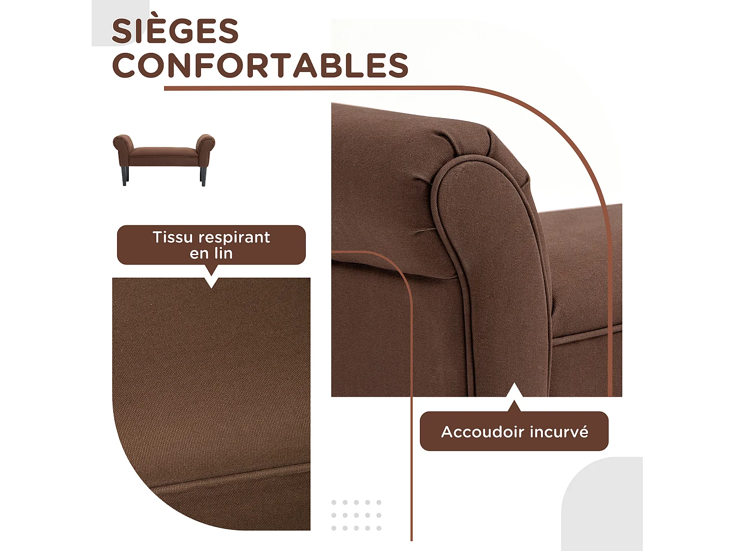 Banc banquette design contemporain accoudoirs courbés grand confort 102L x 31l x 51H cm chocolat