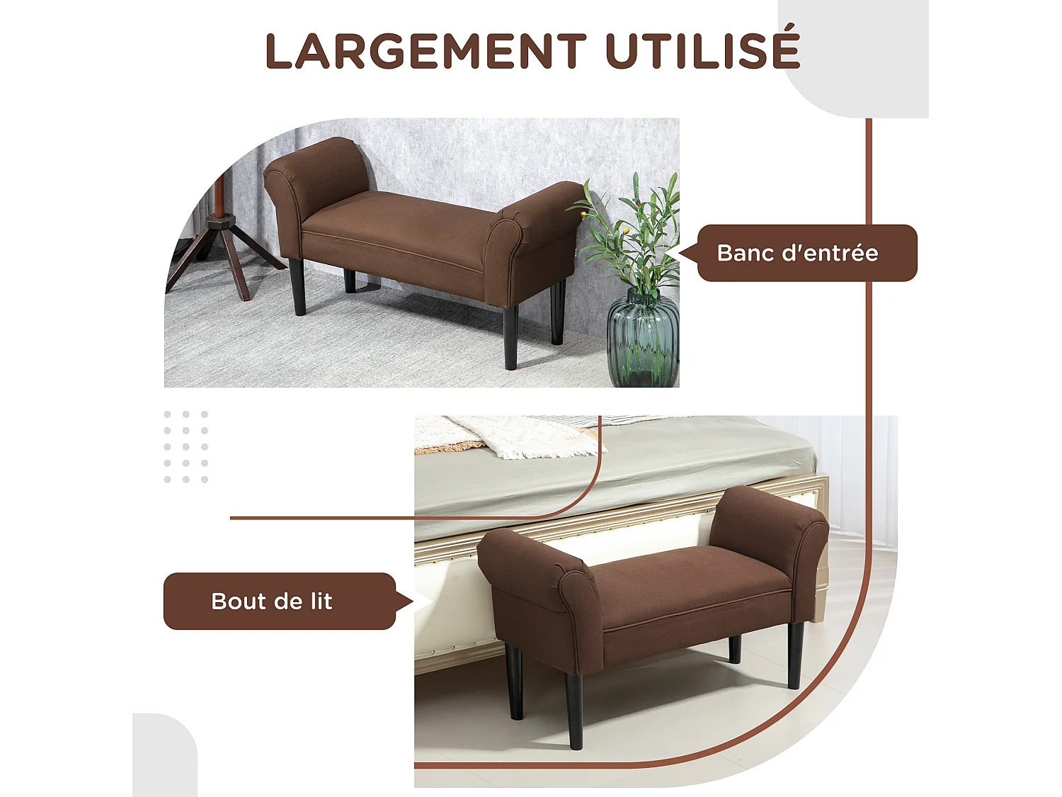 Banc banquette design contemporain accoudoirs courbés grand confort 102L x 31l x 51H cm chocolat