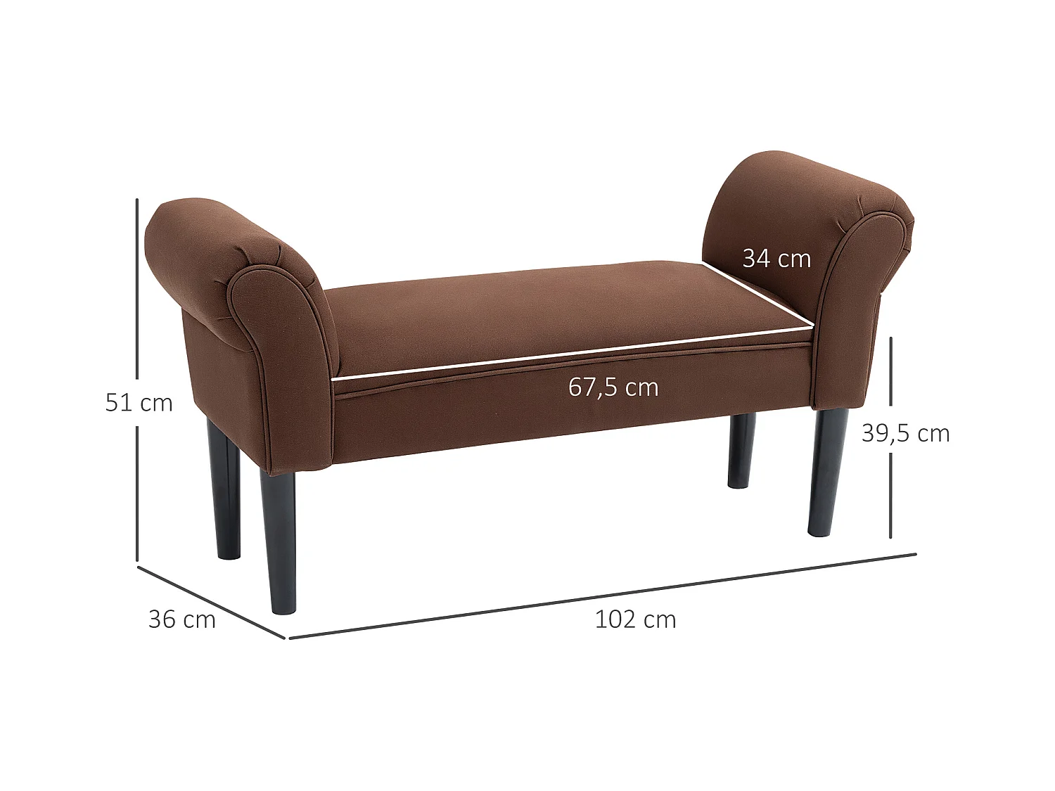 Banc banquette design contemporain accoudoirs courbés grand confort 102L x 31l x 51H cm chocolat