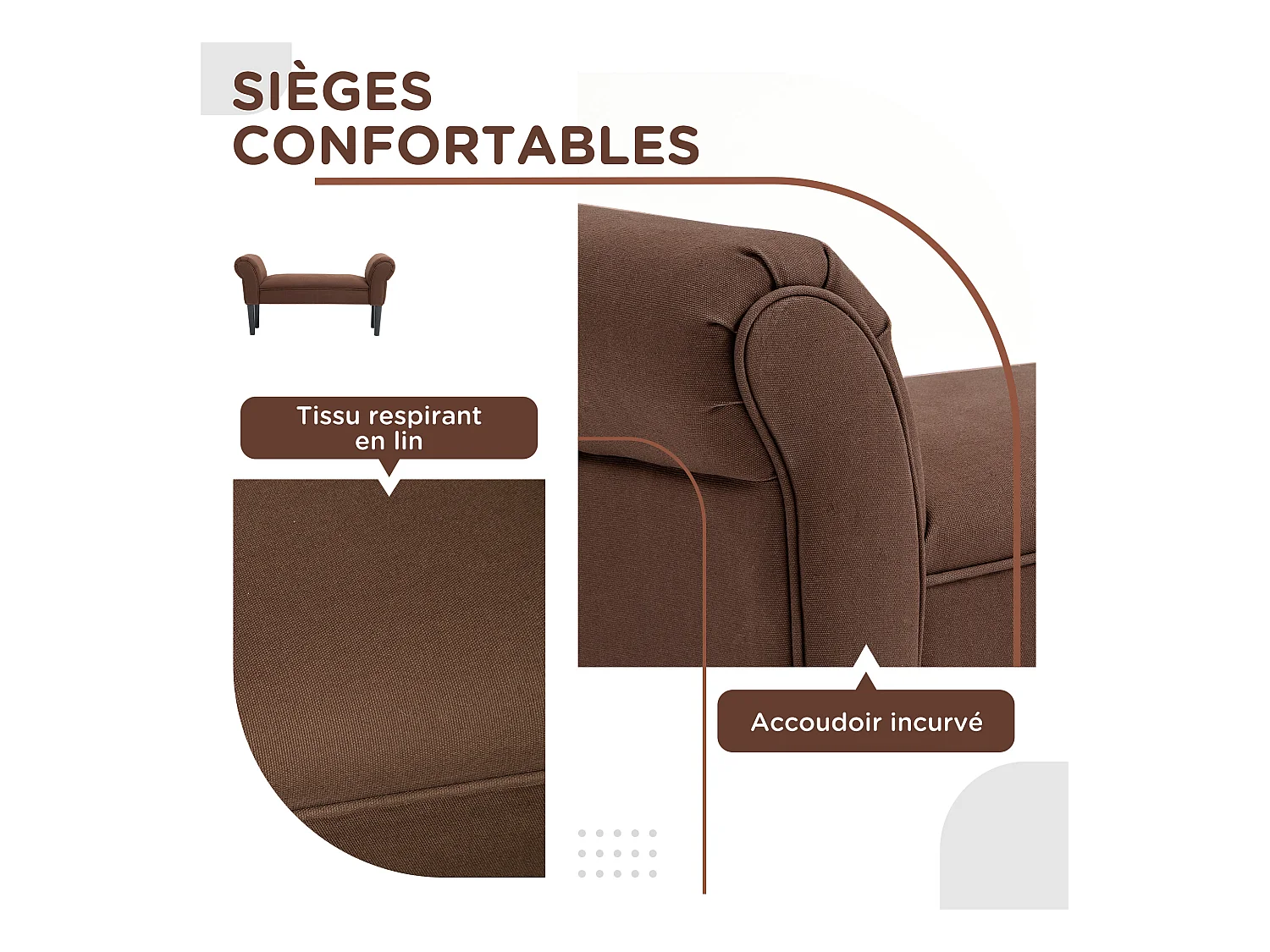 Banc banquette design contemporain accoudoirs courbés grand confort 102L x 31l x 51H cm chocolat