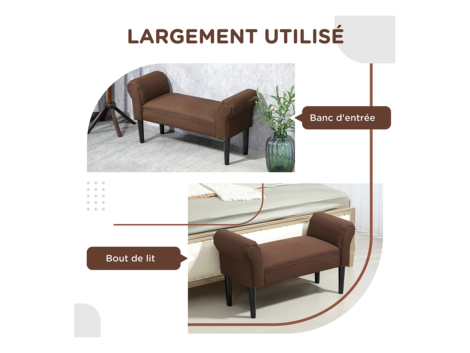 Banc banquette design contemporain accoudoirs courbés grand confort 102L x 31l x 51H cm chocolat