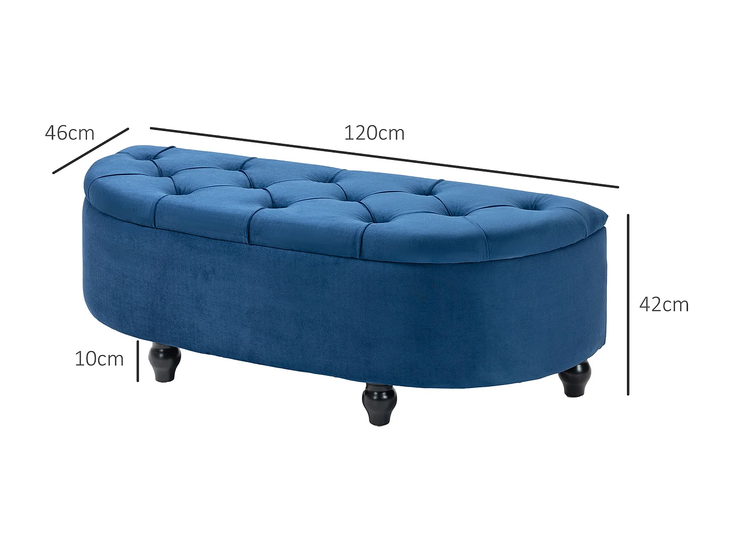 Pouf de rangement coffre 2 en 1 - pouf design classique chic capitonné demi-cercle - pieds bois hévéa noir revêtement velours bleu roi
