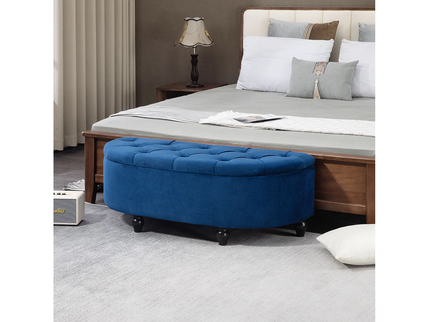 Pouf de rangement coffre 2 en 1 - pouf design classique chic capitonné demi-cercle - pieds bois hévéa noir revêtement velours bleu roi