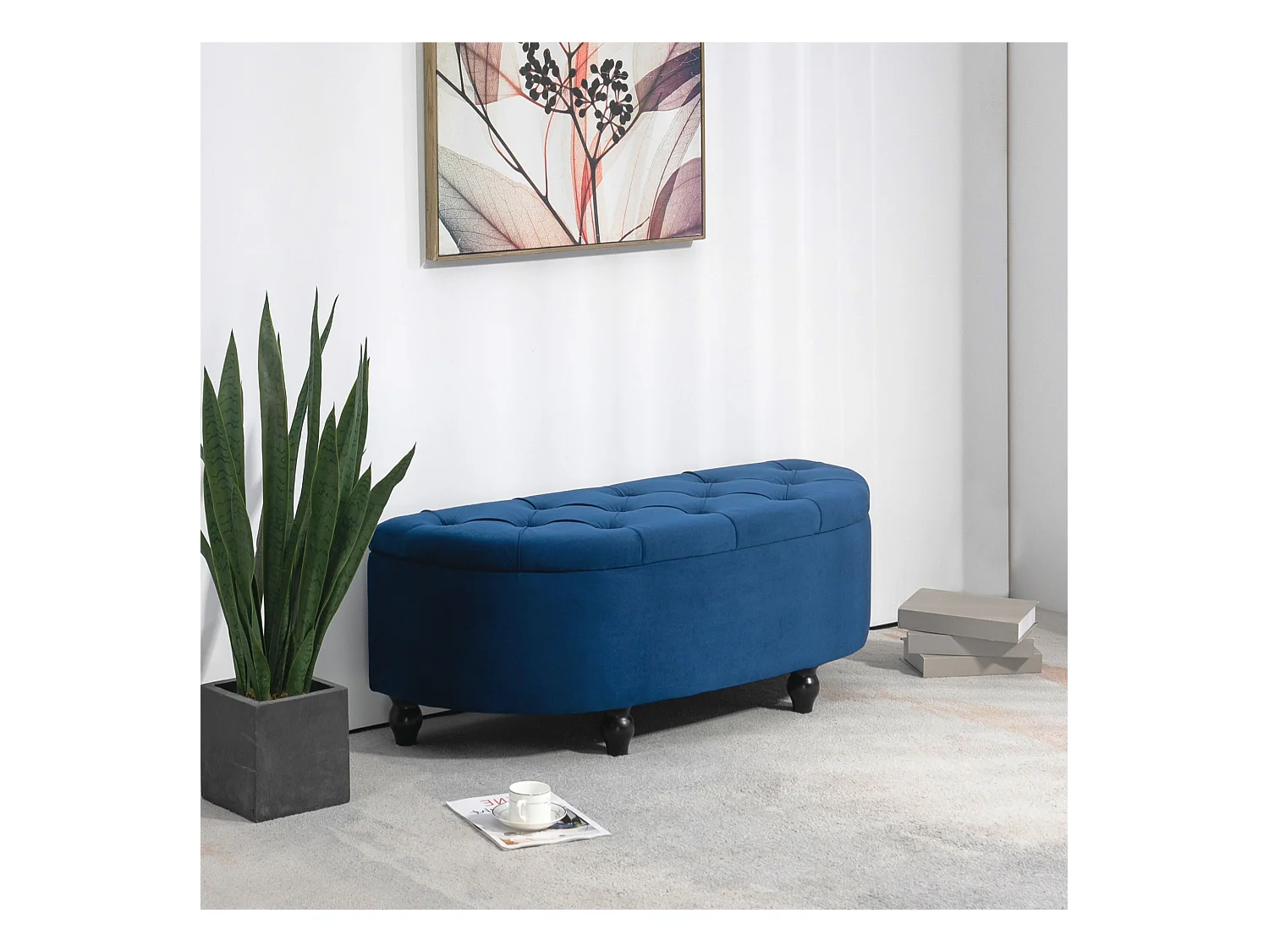 Pouf de rangement coffre 2 en 1 - pouf design classique chic capitonné demi-cercle - pieds bois hévéa noir revêtement velours bleu roi