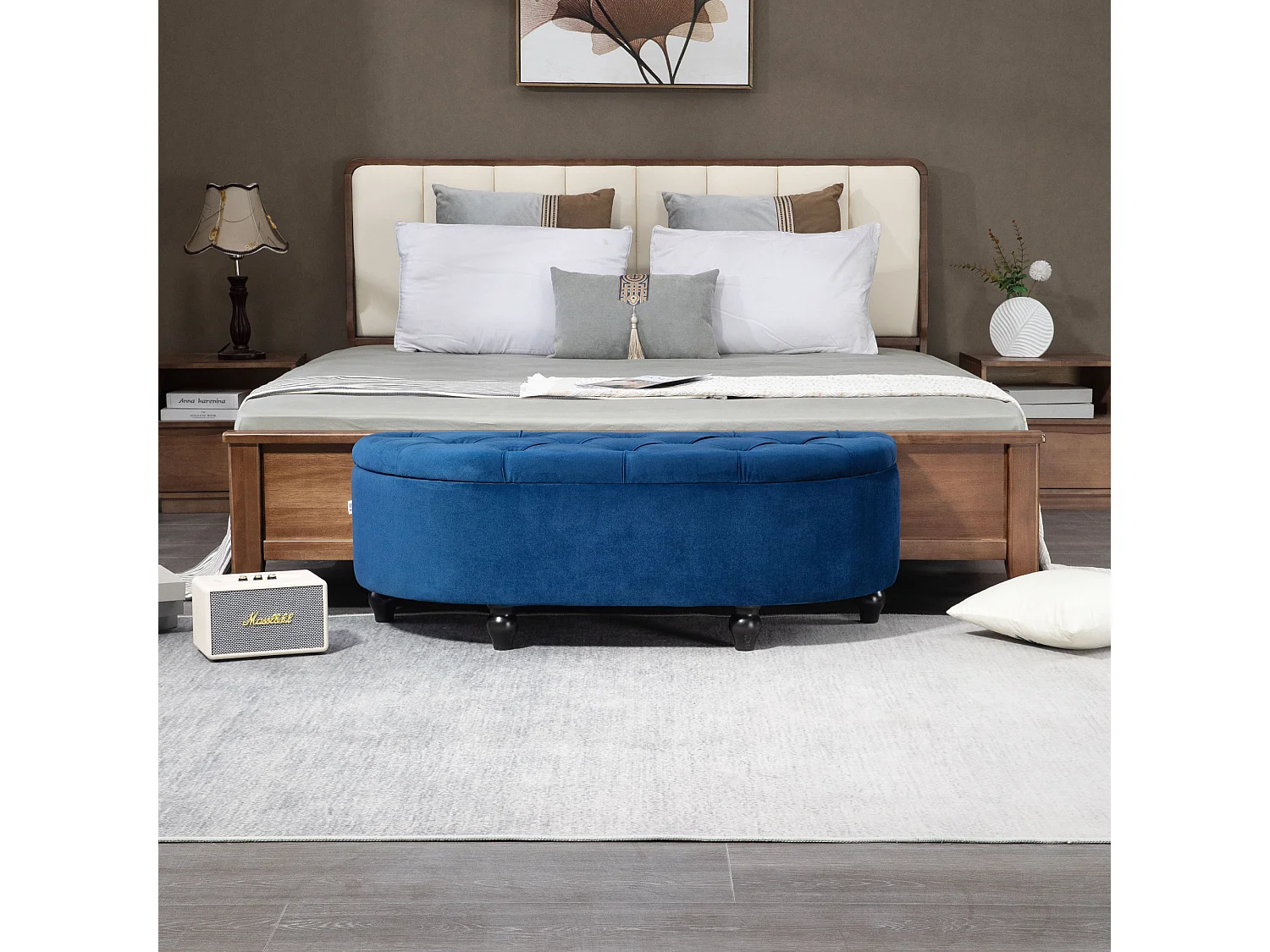 Pouf de rangement coffre 2 en 1 - pouf design classique chic capitonné demi-cercle - pieds bois hévéa noir revêtement velours bleu roi