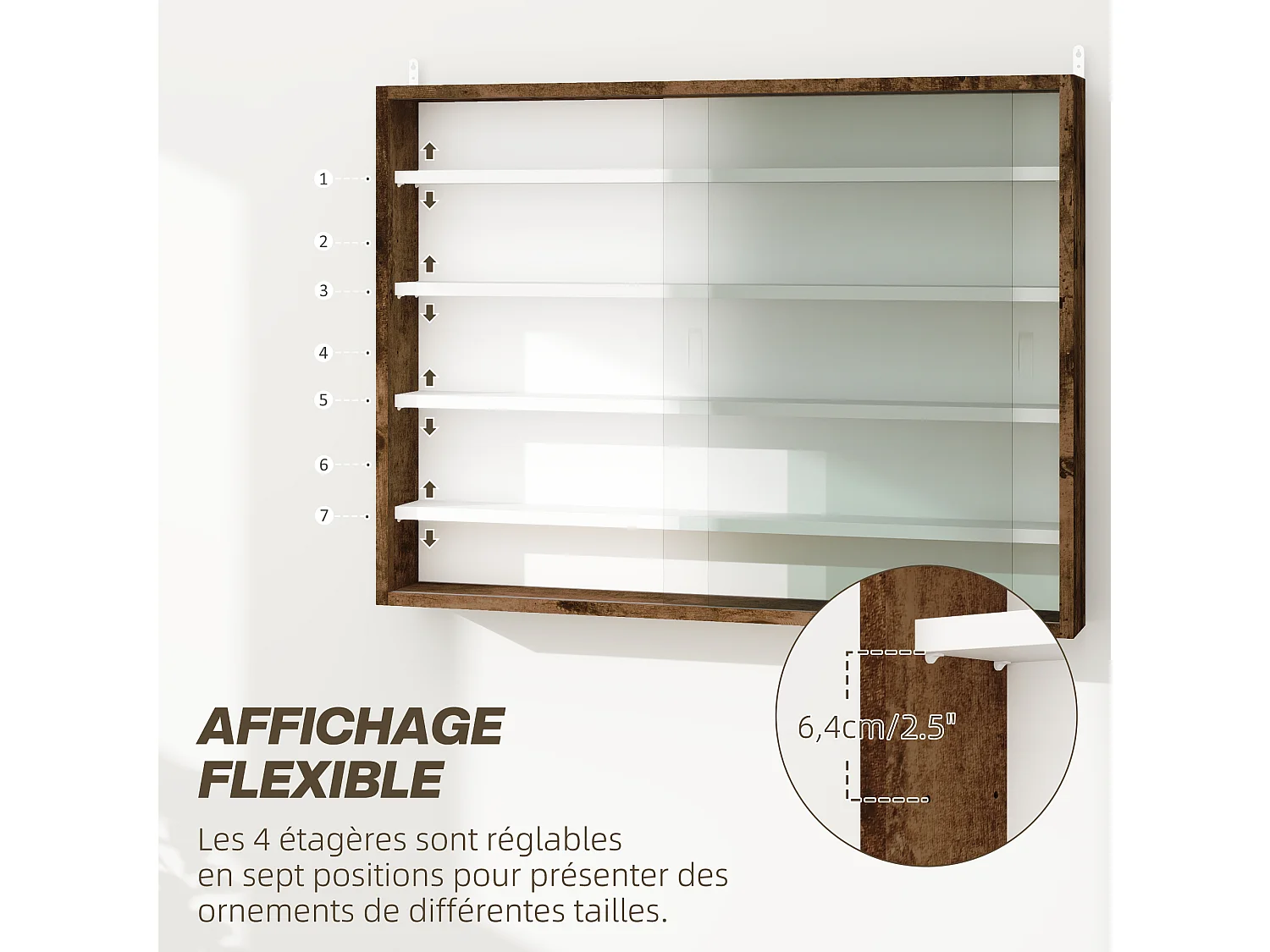 Vitrine murale étagère - 5 étagères réglables - 2 portes coulissantes verre - panneaux aspect bois vieilli blanc
