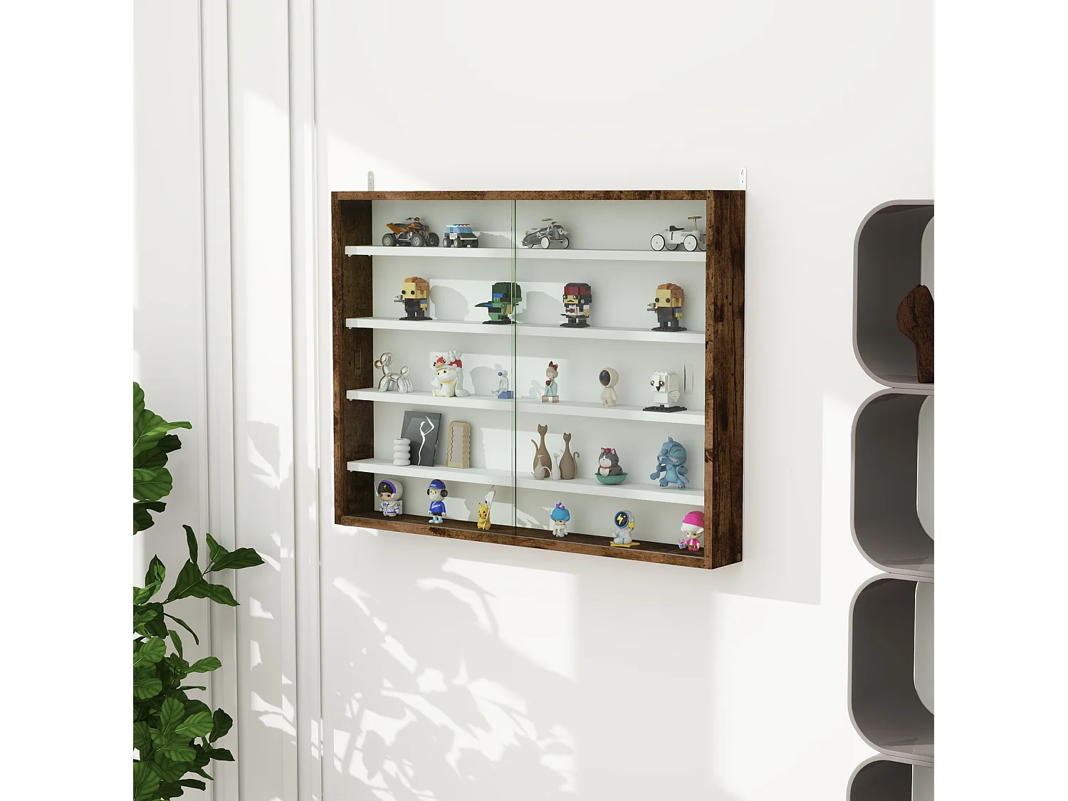 Vitrine murale étagère - 5 étagères réglables - 2 portes coulissantes verre - panneaux aspect bois vieilli blanc