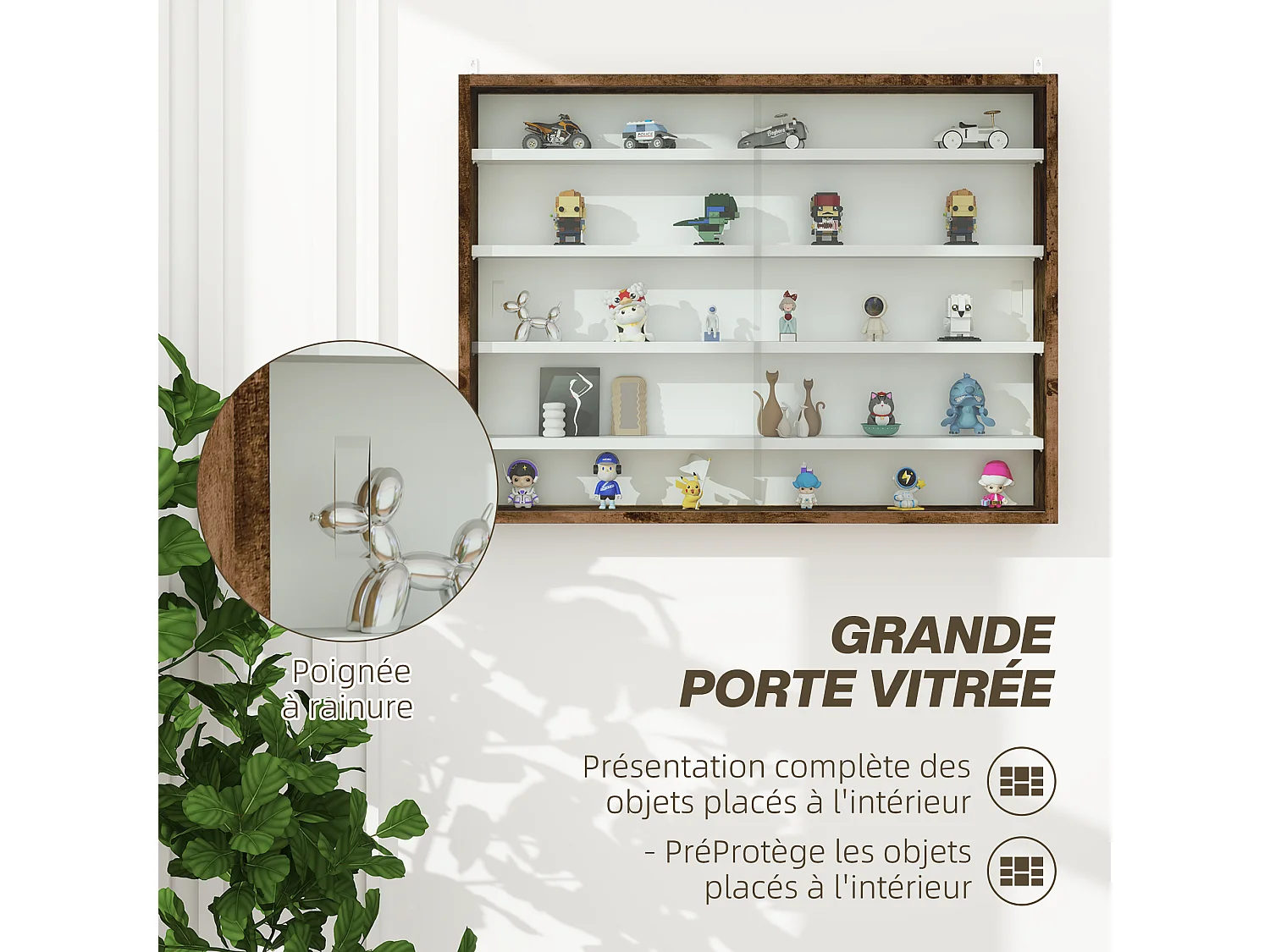 Vitrine murale étagère - 5 étagères réglables - 2 portes coulissantes verre - panneaux aspect bois vieilli blanc