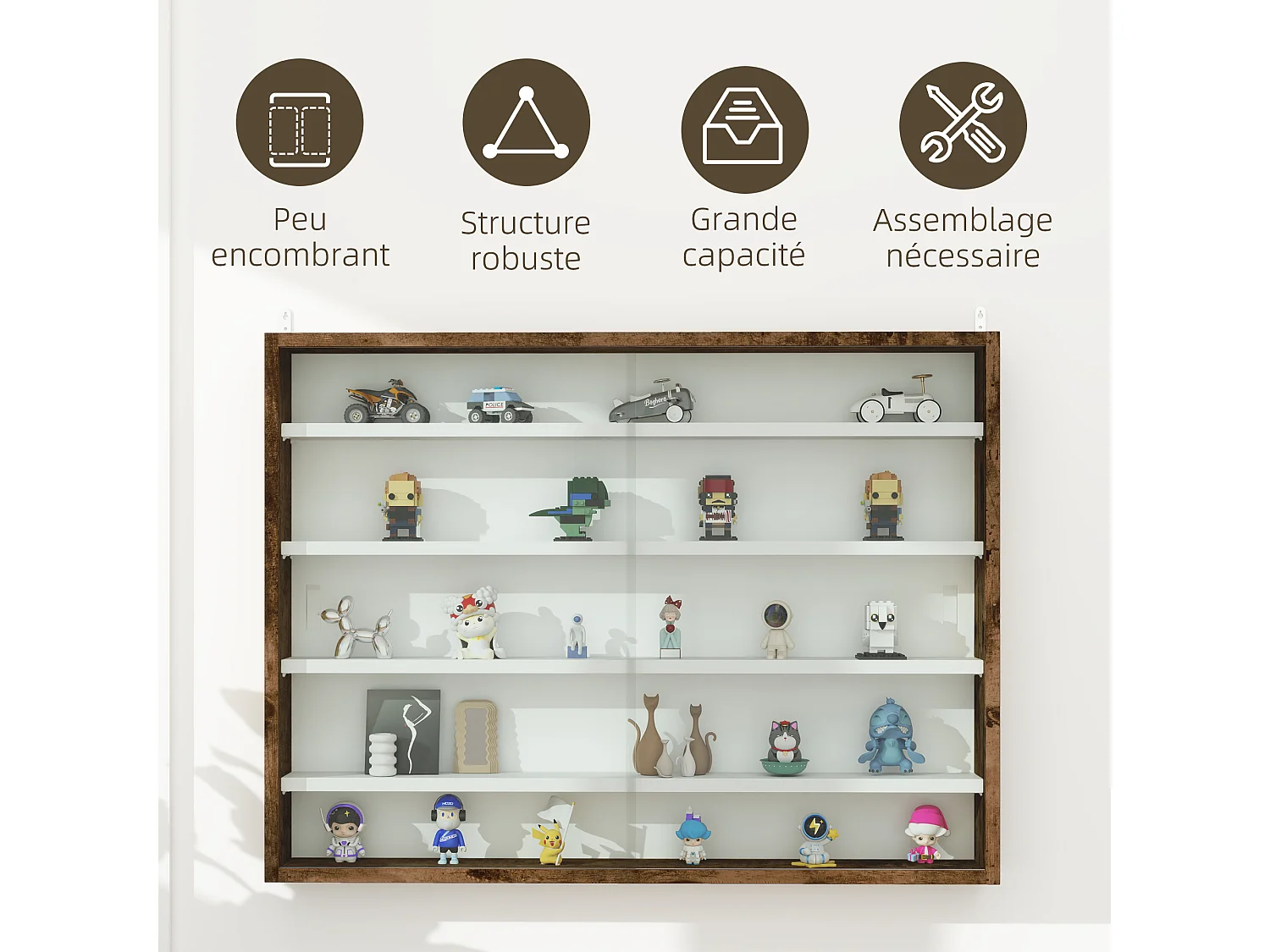 Vitrine murale étagère - 5 étagères réglables - 2 portes coulissantes verre - panneaux aspect bois vieilli blanc