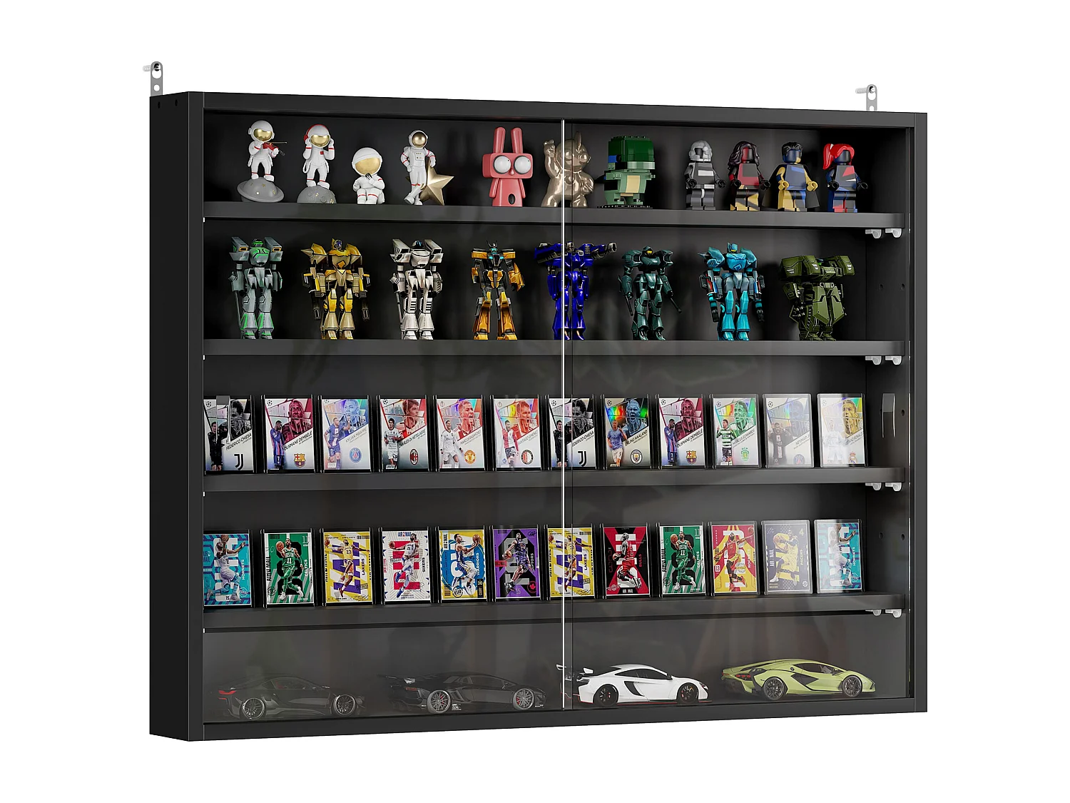 Vitrine murale étagère - 5 étagères réglables - 2 portes coulissantes verre - panneaux noir