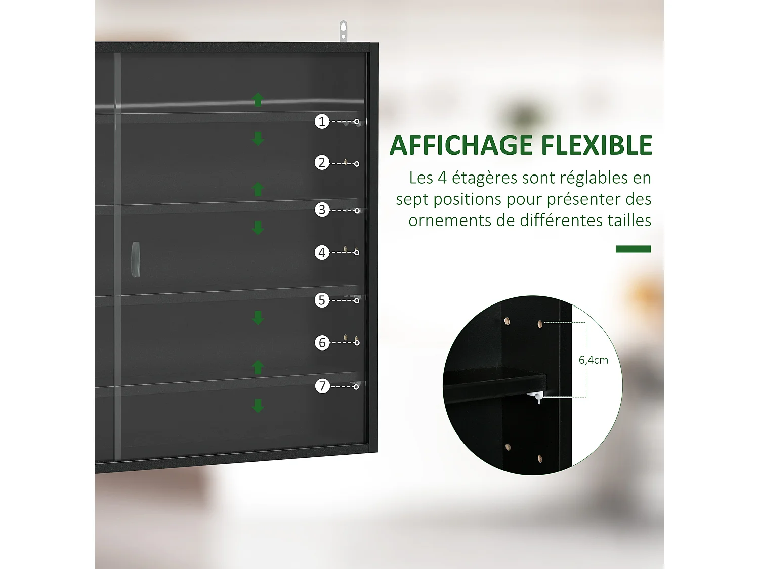Vitrine murale étagère - 5 étagères réglables - 2 portes coulissantes verre - panneaux noir