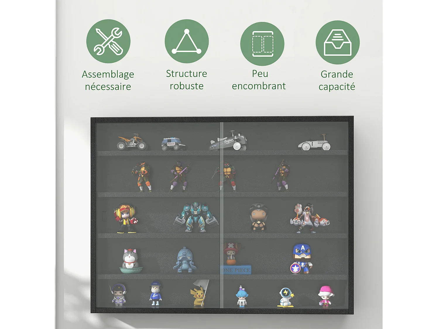 Vitrine murale étagère - 5 étagères réglables - 2 portes coulissantes verre - panneaux noir