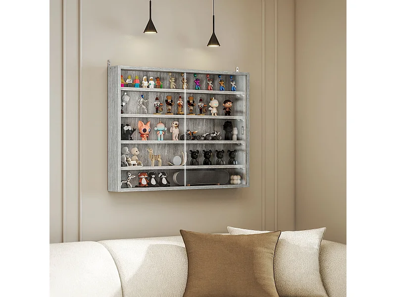 Vitrine murale étagère - 5 étagères réglables - 2 portes coulissantes verre - panneaux gris