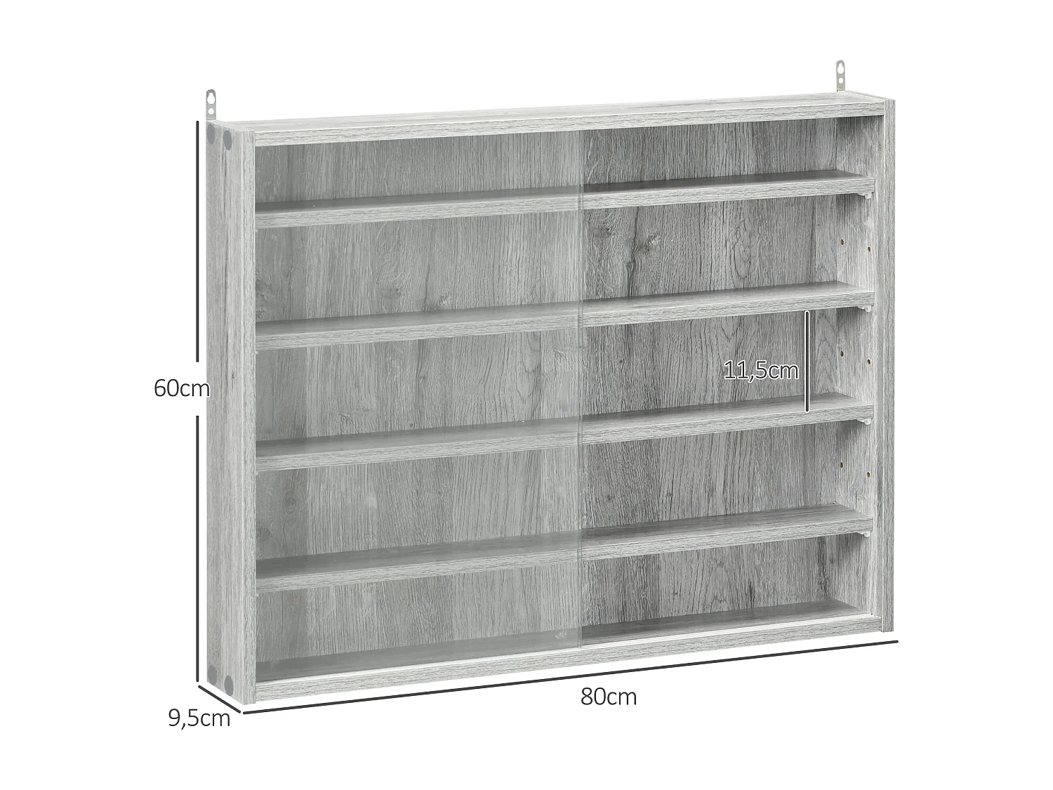 Vitrine murale étagère - 5 étagères réglables - 2 portes coulissantes verre - panneaux gris