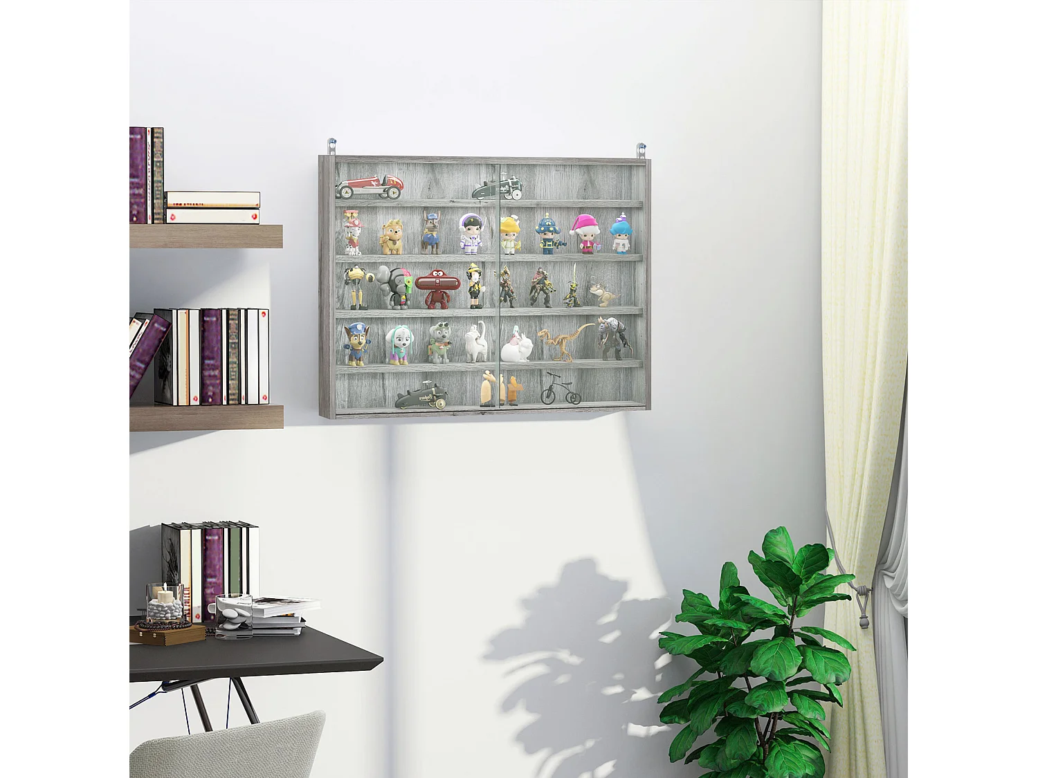 Vitrine murale étagère - 5 étagères réglables - 2 portes coulissantes verre - panneaux gris