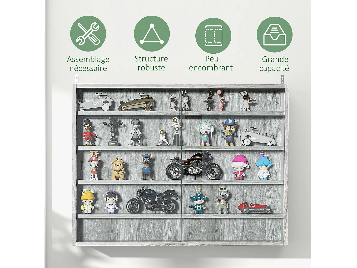 Vitrine murale étagère - 5 étagères réglables - 2 portes coulissantes verre - panneaux gris