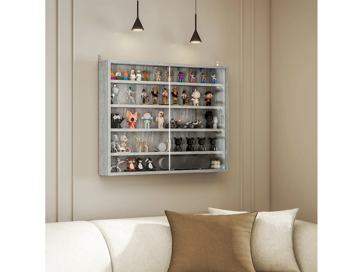 Vitrine murale étagère - 5 étagères réglables - 2 portes coulissantes verre - panneaux gris