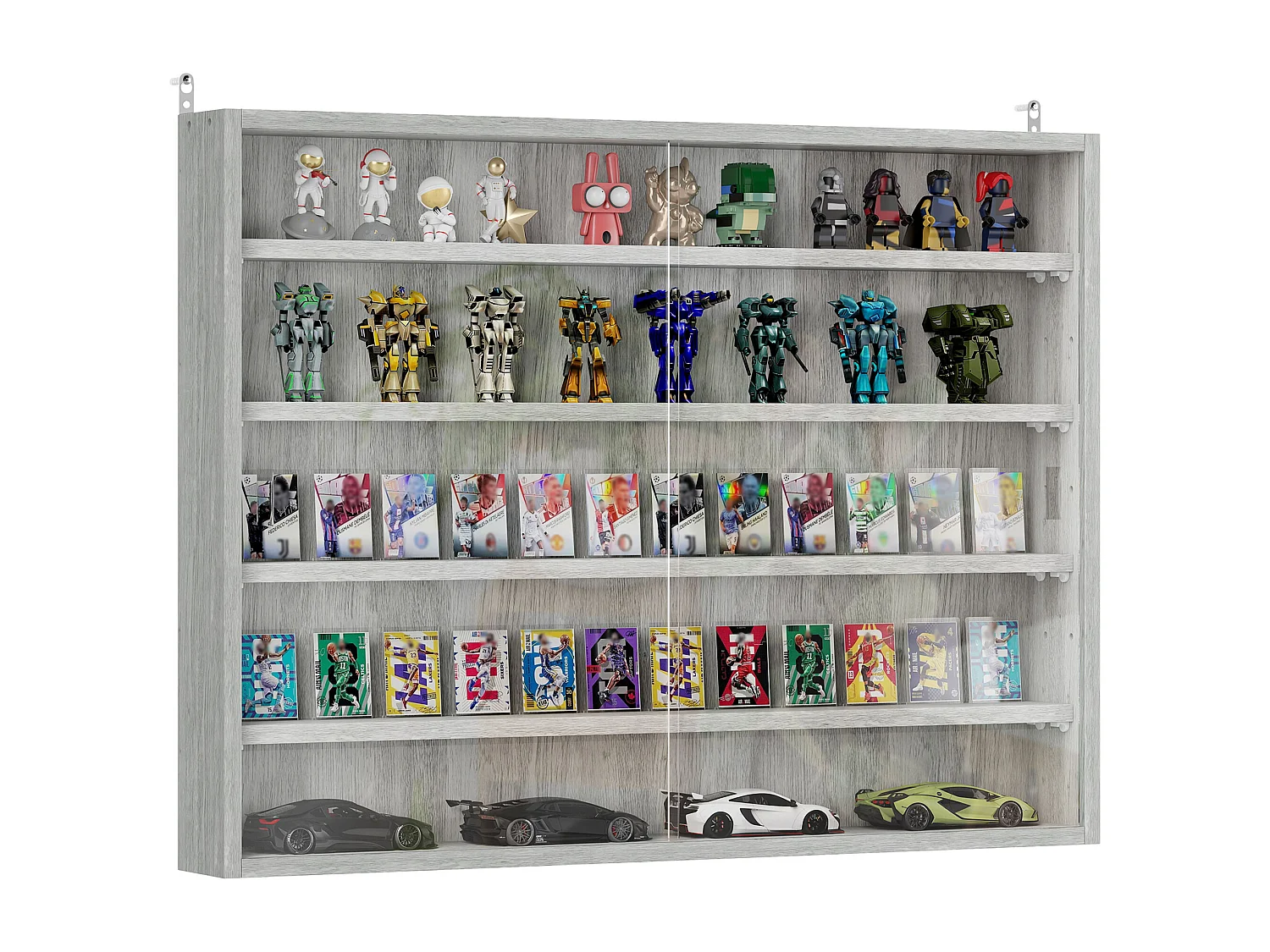 Vitrine murale étagère - 5 étagères réglables - 2 portes coulissantes verre - panneaux gris