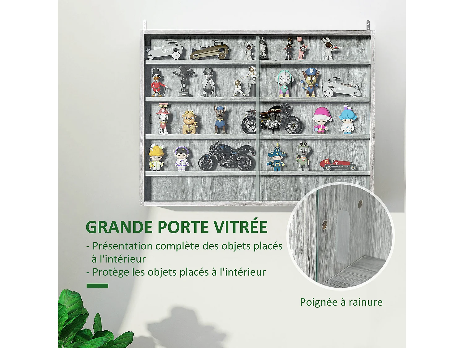 Vitrine murale étagère - 5 étagères réglables - 2 portes coulissantes verre - panneaux gris