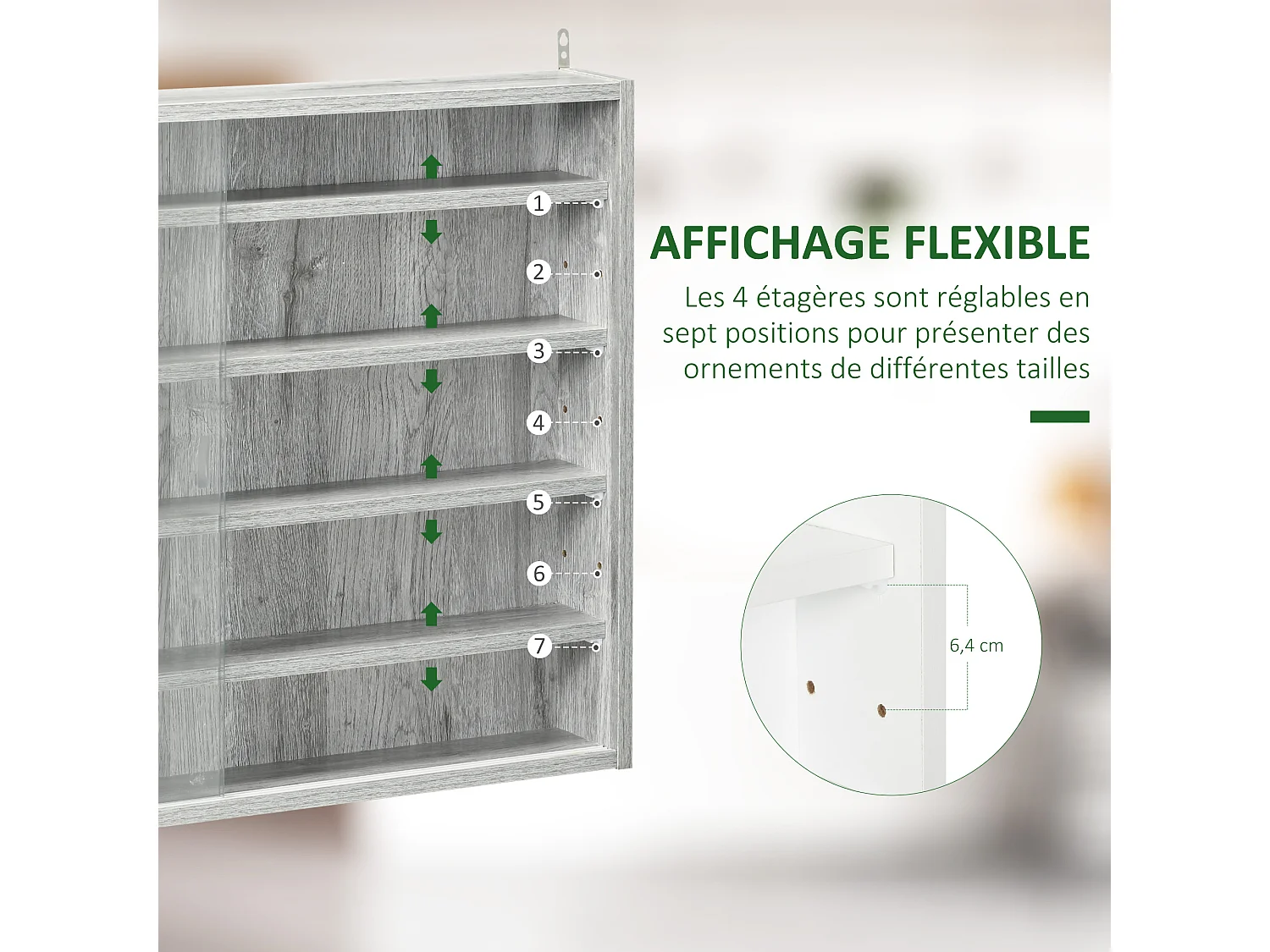 Vitrine murale étagère - 5 étagères réglables - 2 portes coulissantes verre - panneaux gris