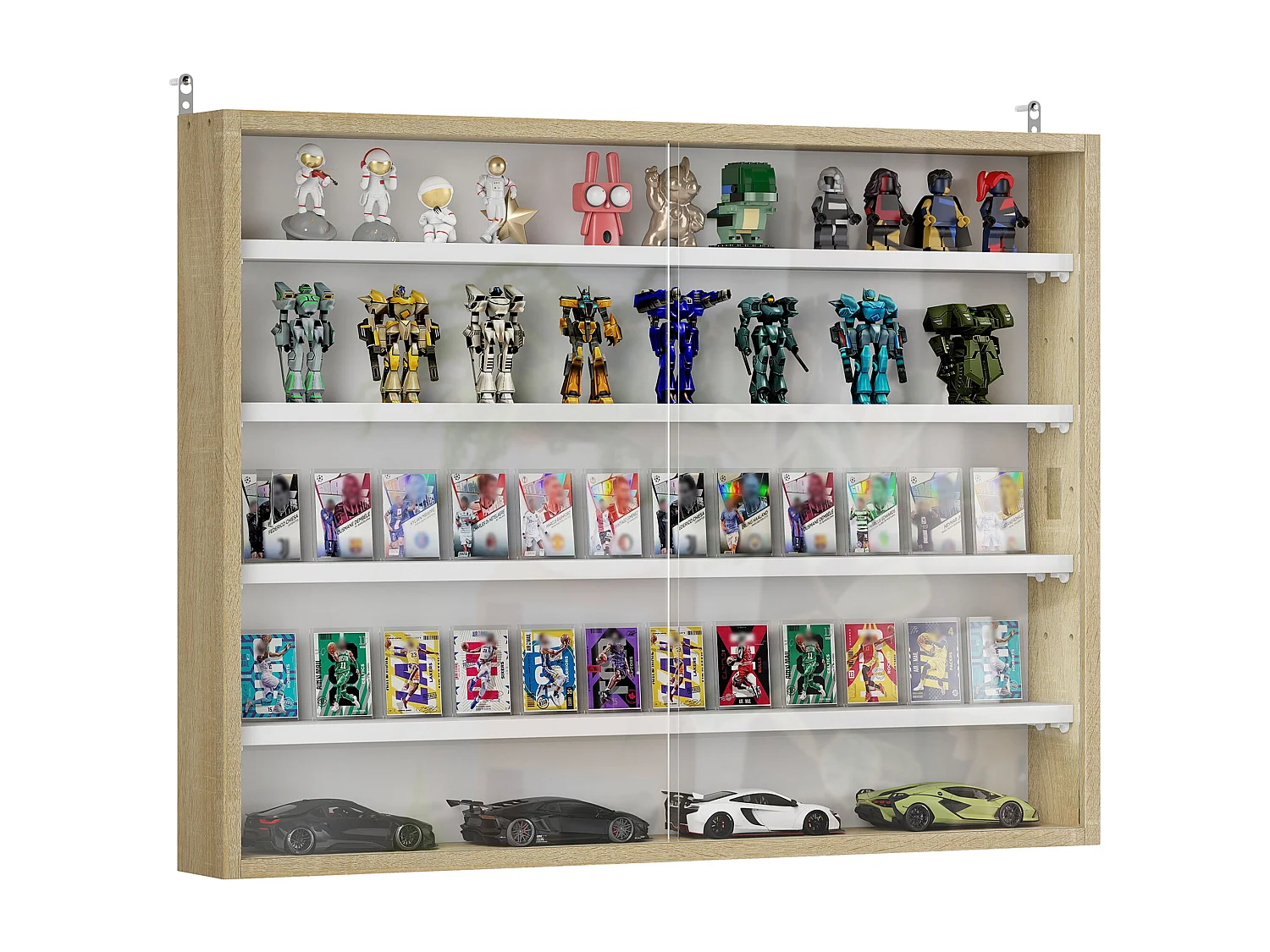 Vitrine murale étagère - 5 étagères réglables - 2 portes coulissantes verre - panneaux aspect bois clair blanc