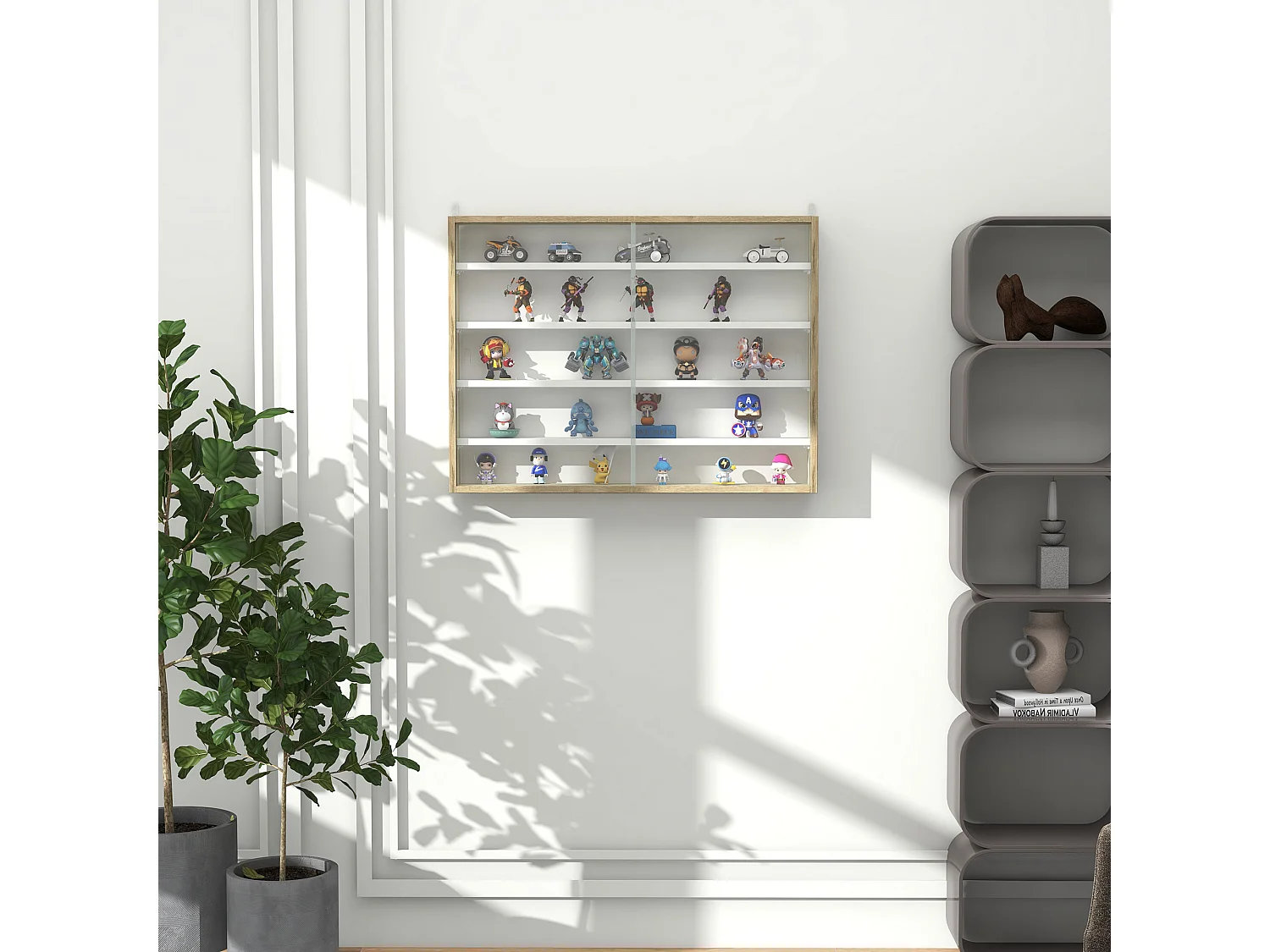 Vitrine murale étagère - 5 étagères réglables - 2 portes coulissantes verre - panneaux aspect bois clair blanc