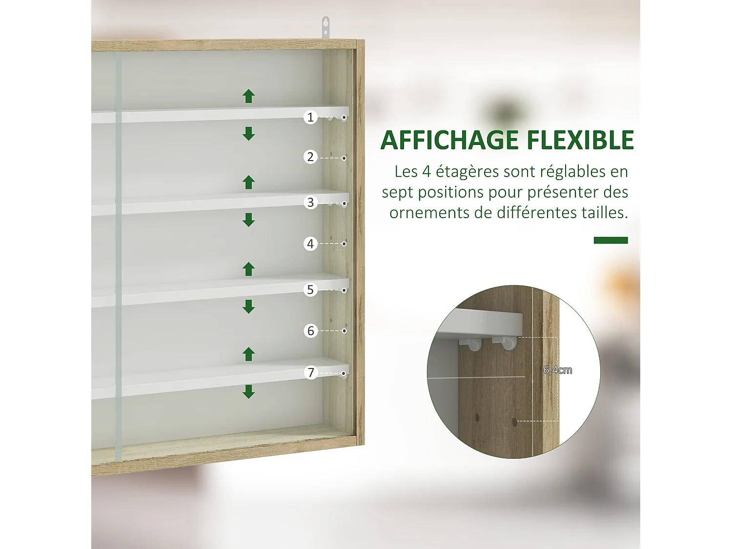 Vitrine murale étagère - 5 étagères réglables - 2 portes coulissantes verre - panneaux aspect bois clair blanc