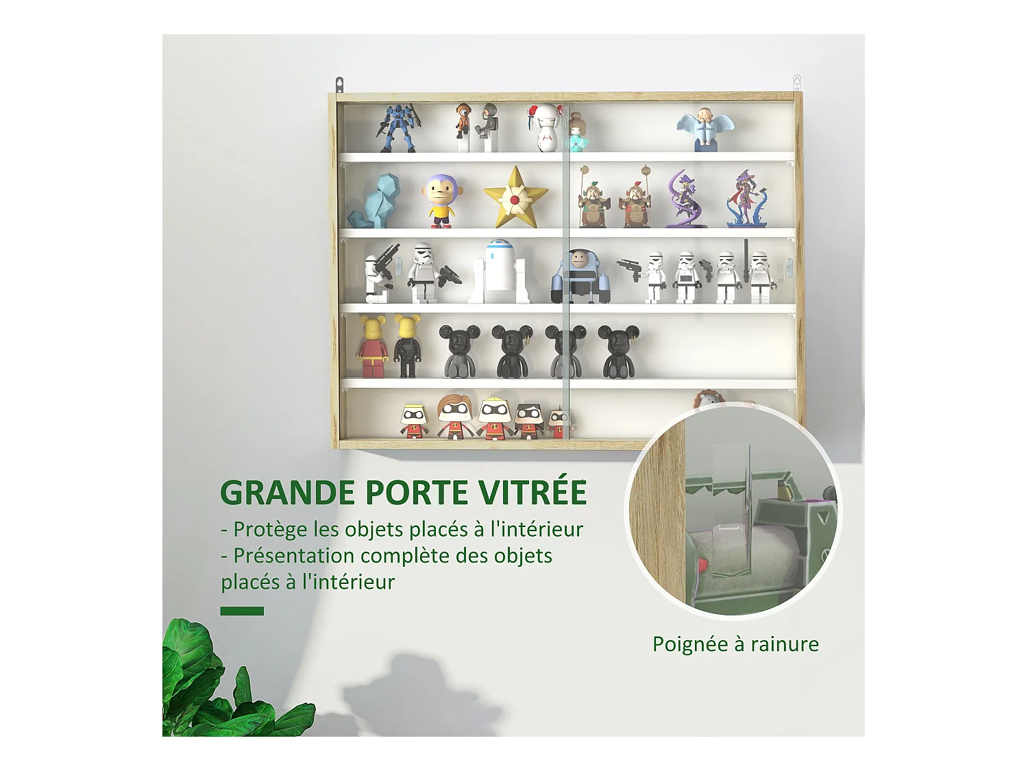 Vitrine murale étagère - 5 étagères réglables - 2 portes coulissantes verre - panneaux aspect bois clair blanc