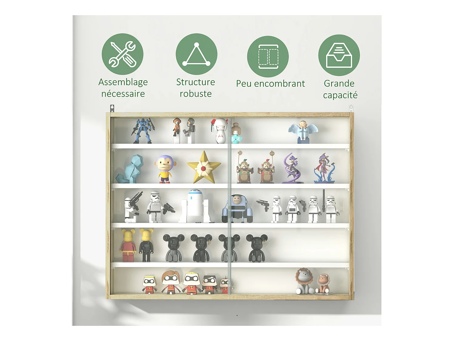 Vitrine murale étagère - 5 étagères réglables - 2 portes coulissantes verre - panneaux aspect bois clair blanc