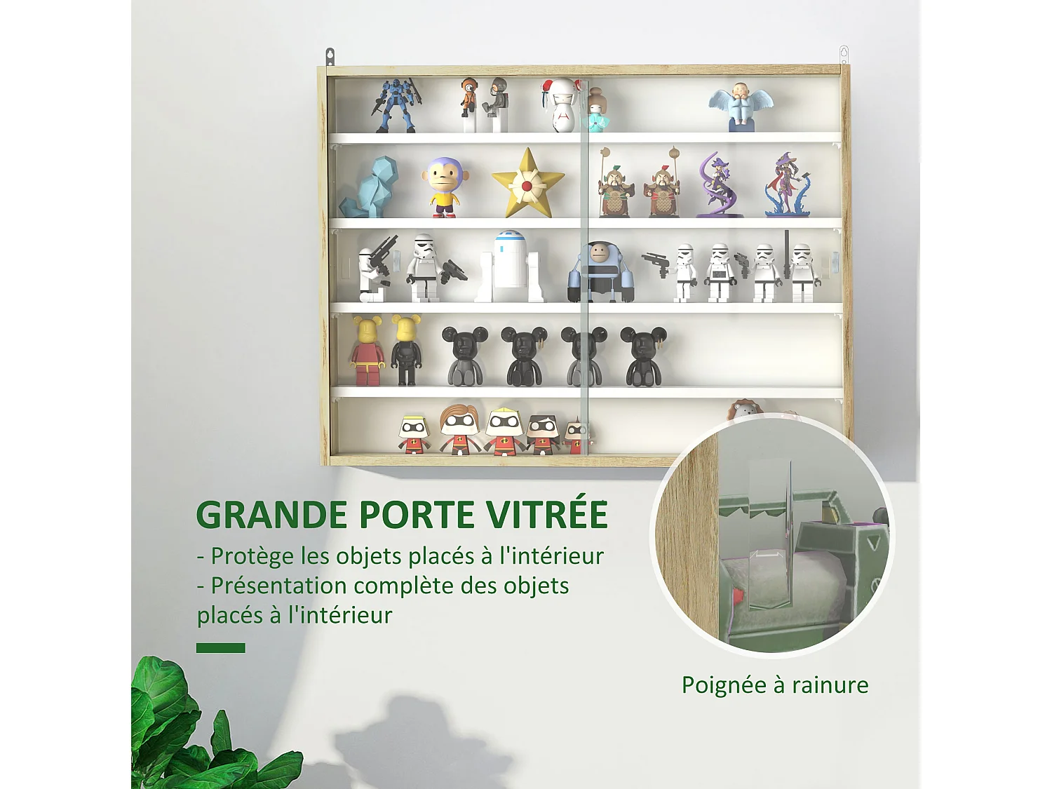 Vitrine murale étagère - 5 étagères réglables - 2 portes coulissantes verre - panneaux aspect bois clair blanc