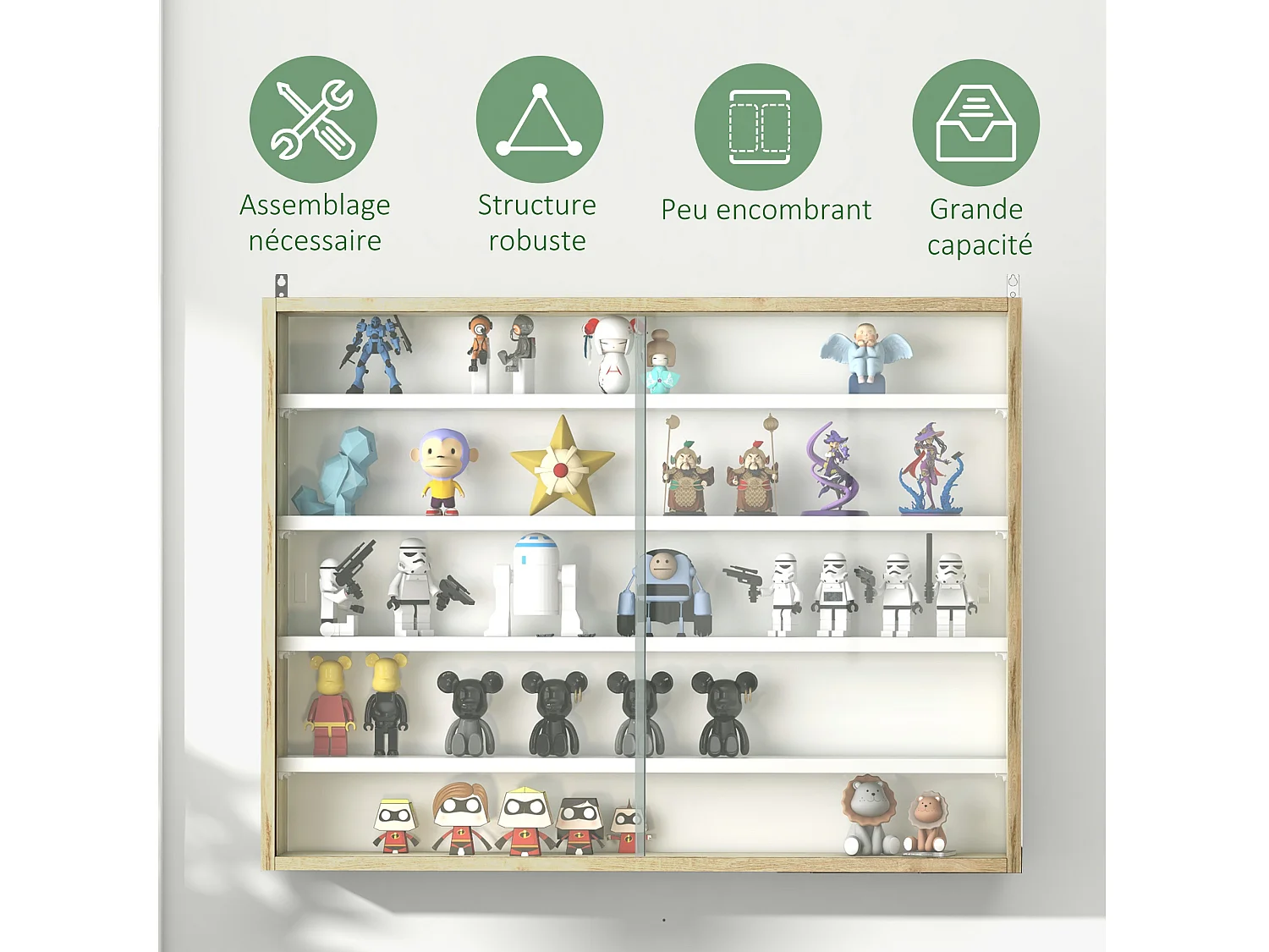 Vitrine murale étagère - 5 étagères réglables - 2 portes coulissantes verre - panneaux aspect bois clair blanc