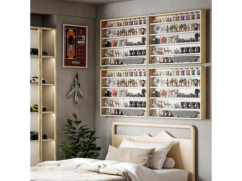 Vitrine murale étagère - 5 étagères réglables - 2 portes coulissantes verre - panneaux aspect bois clair blanc