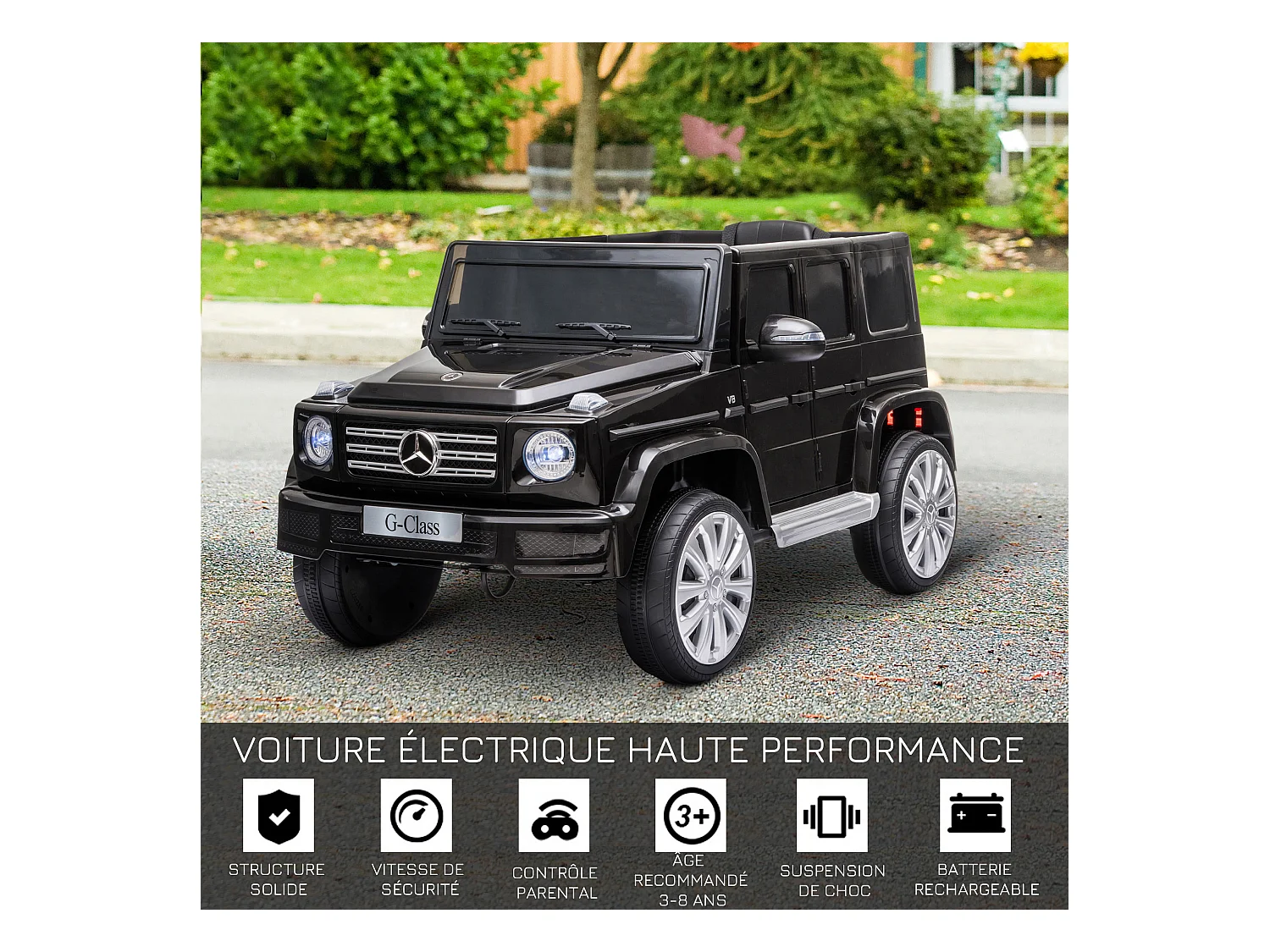 Voiture électrique enfant Mercedes Benz Classe G 12V - V. max. 5Km/h - télécommande, effets sonores, lumineux - noir