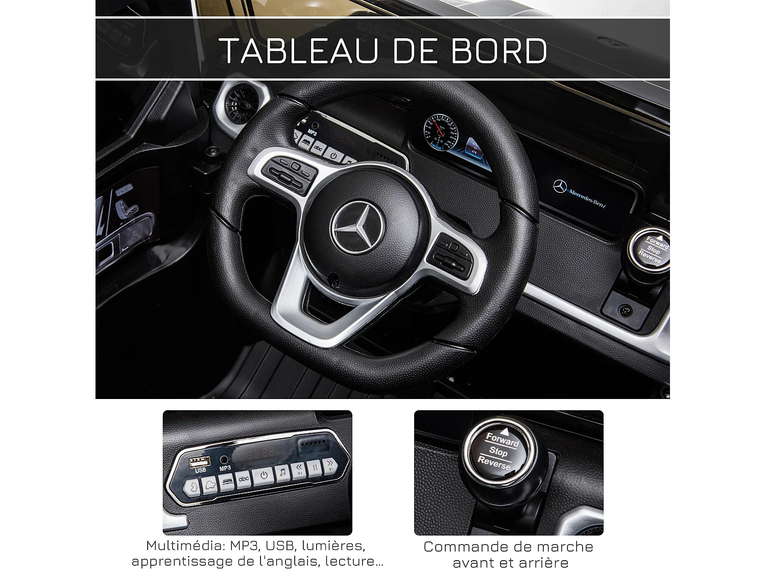 Voiture électrique enfant Mercedes Benz Classe G 12V - V. max. 5Km/h - télécommande, effets sonores, lumineux - noir
