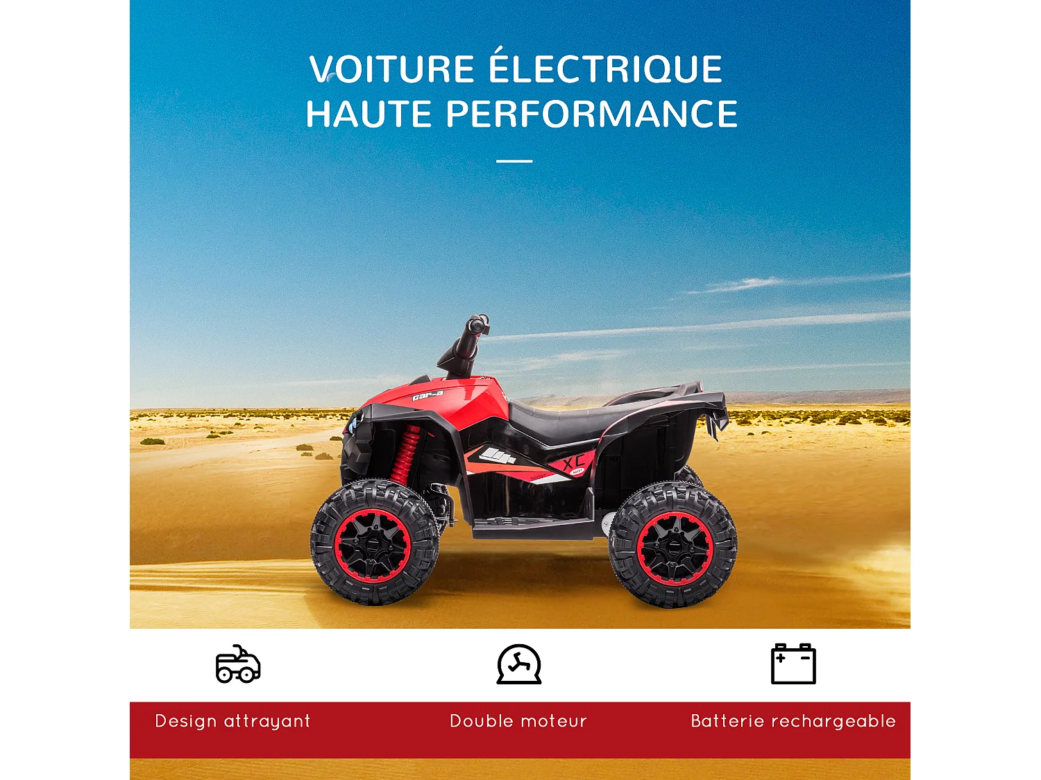 Quad buggy électrique enfant 12 V 3 Km/h max. effets lumineux et sonores rouge noir